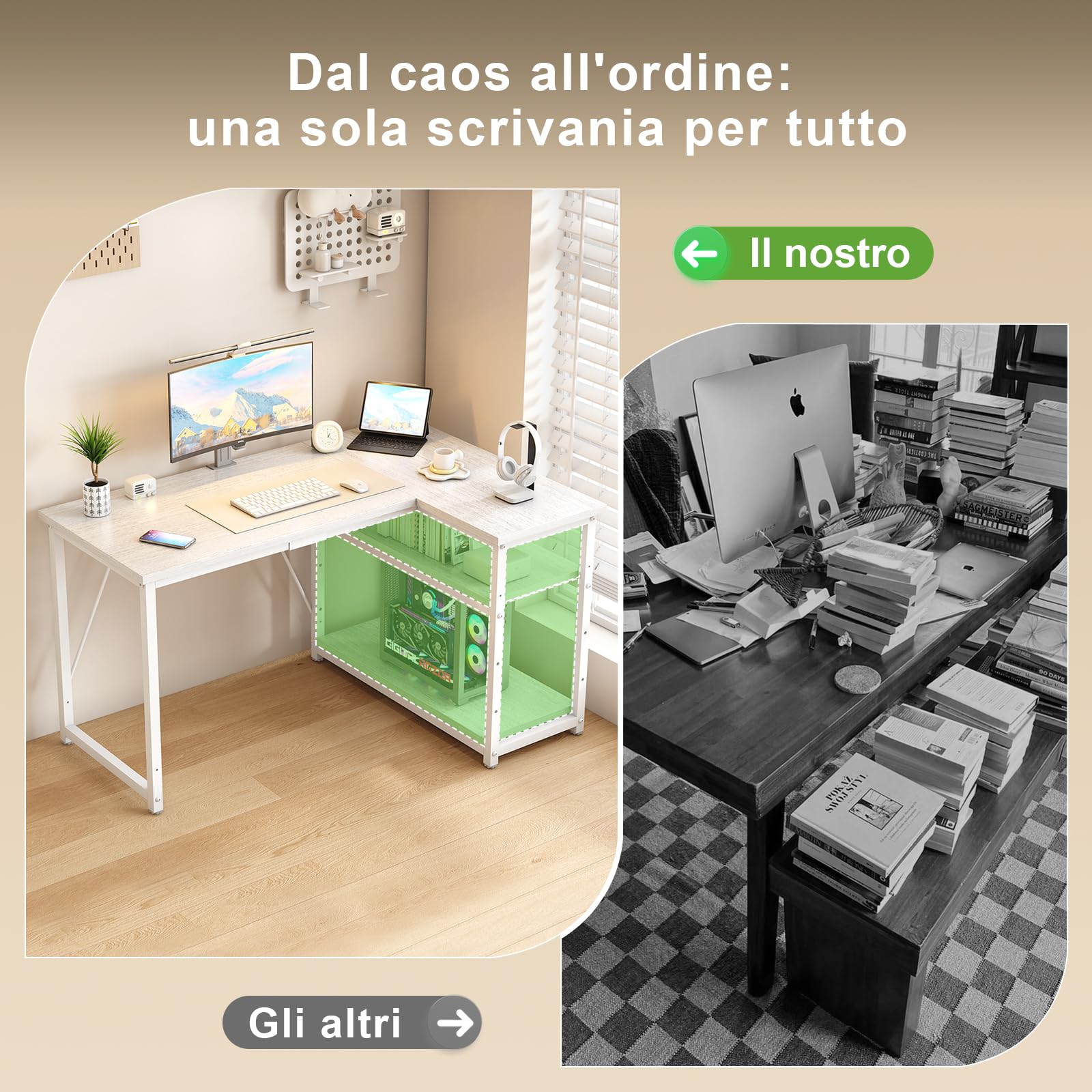 TRIUMPHKEY Scrivania ad Angolo Reversibile 100 x 80cm, Scrivania a Forma di L con Ripiani,Tavolo da Lavoro,Struttura in Acciaio, per Computer, Ufficio, Studio and Soggiorno, Bianco