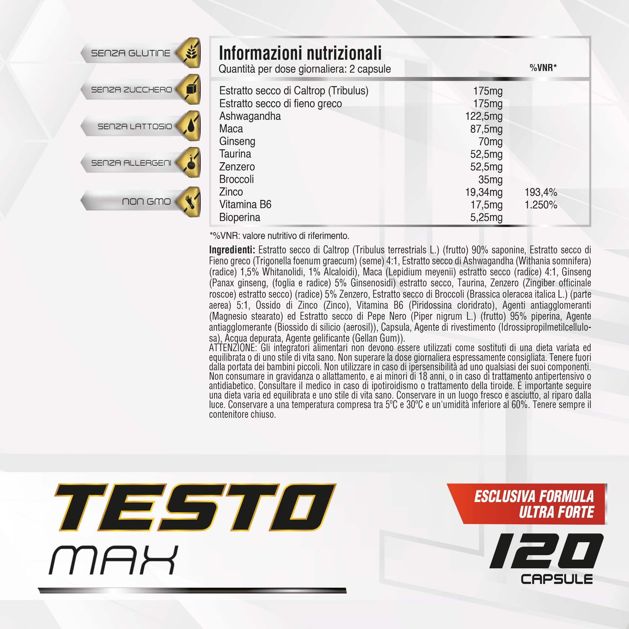 Booster di Testosterone per uomo | Energia, forza, muscolazione e vigore | Maca Andina, Ginseng, Tribulus e Taurina | Aumenta l'energia e migliora le prestazioni sportive e muscolari | 120 caps