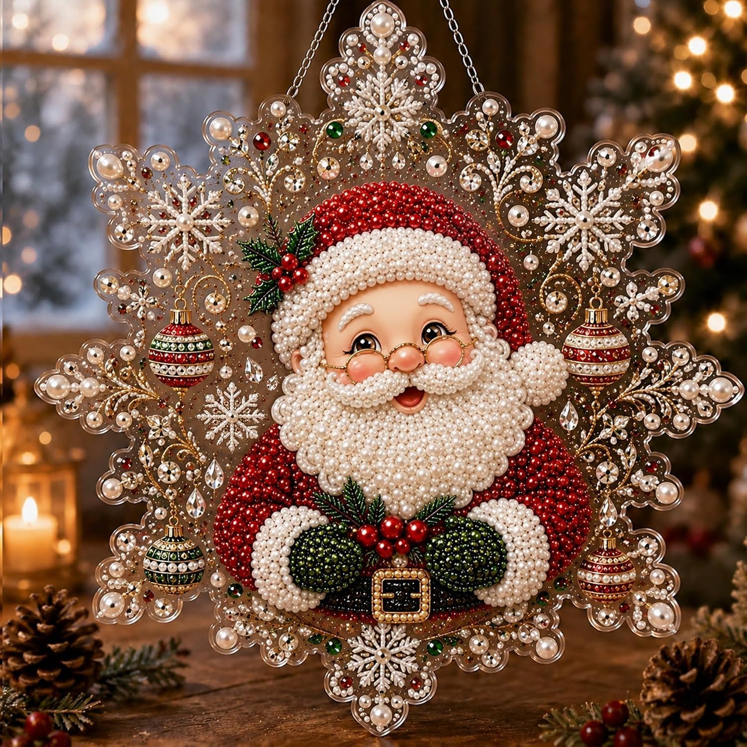Christmas Diamond Art Kits for Adults, Pearl Diamond Painting Suncatcher Kit DIY Craft 3D Pre-Assembled Metal Chain Acrylic Snowflake Shape Board with Lace Edge Mixed-Sized Pearl Beads Craft