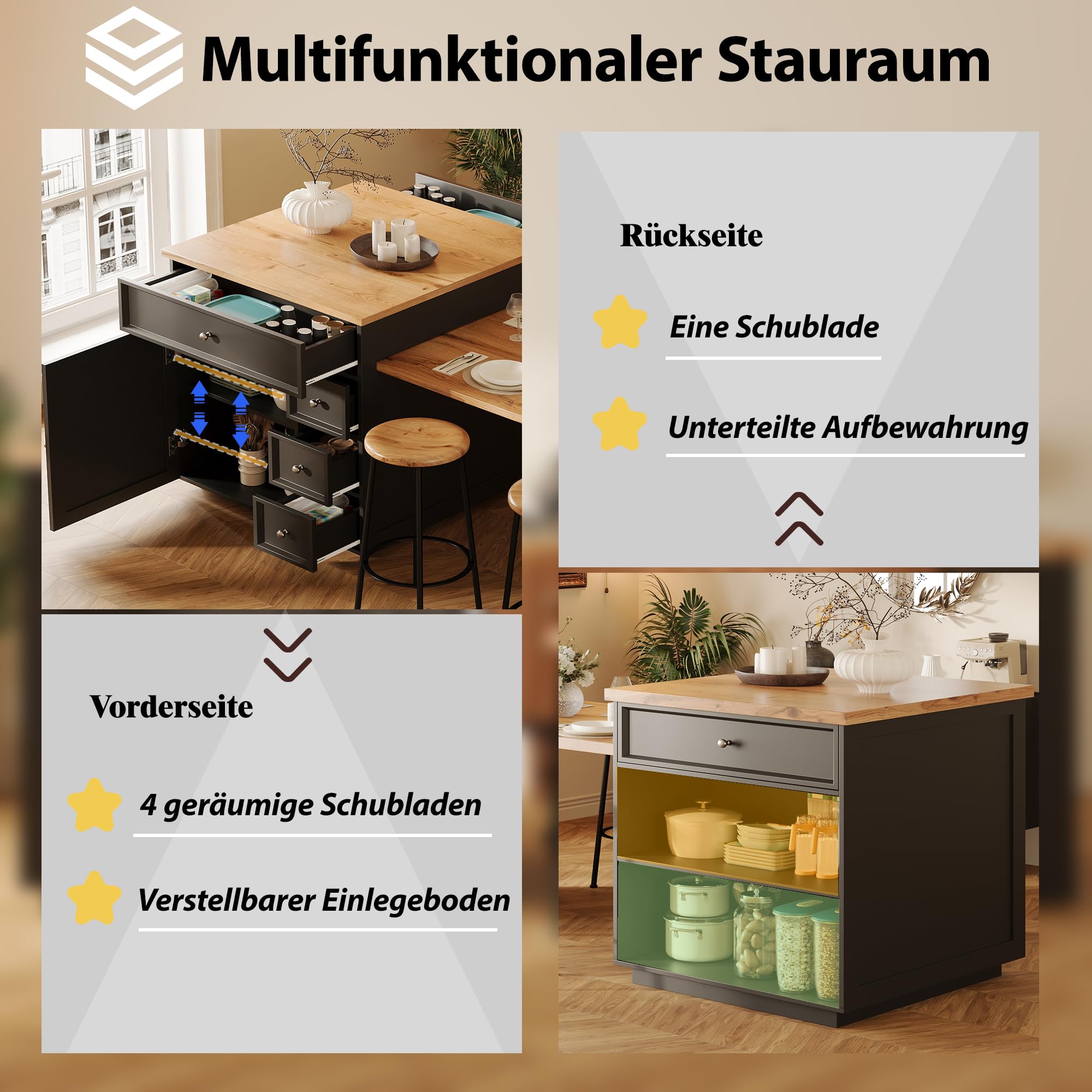 Kücheninsel mit Ausziehbarer Esstisch & Rollen, Küchenschrank Speisewagen, 120-184x70x94cm Schwarz