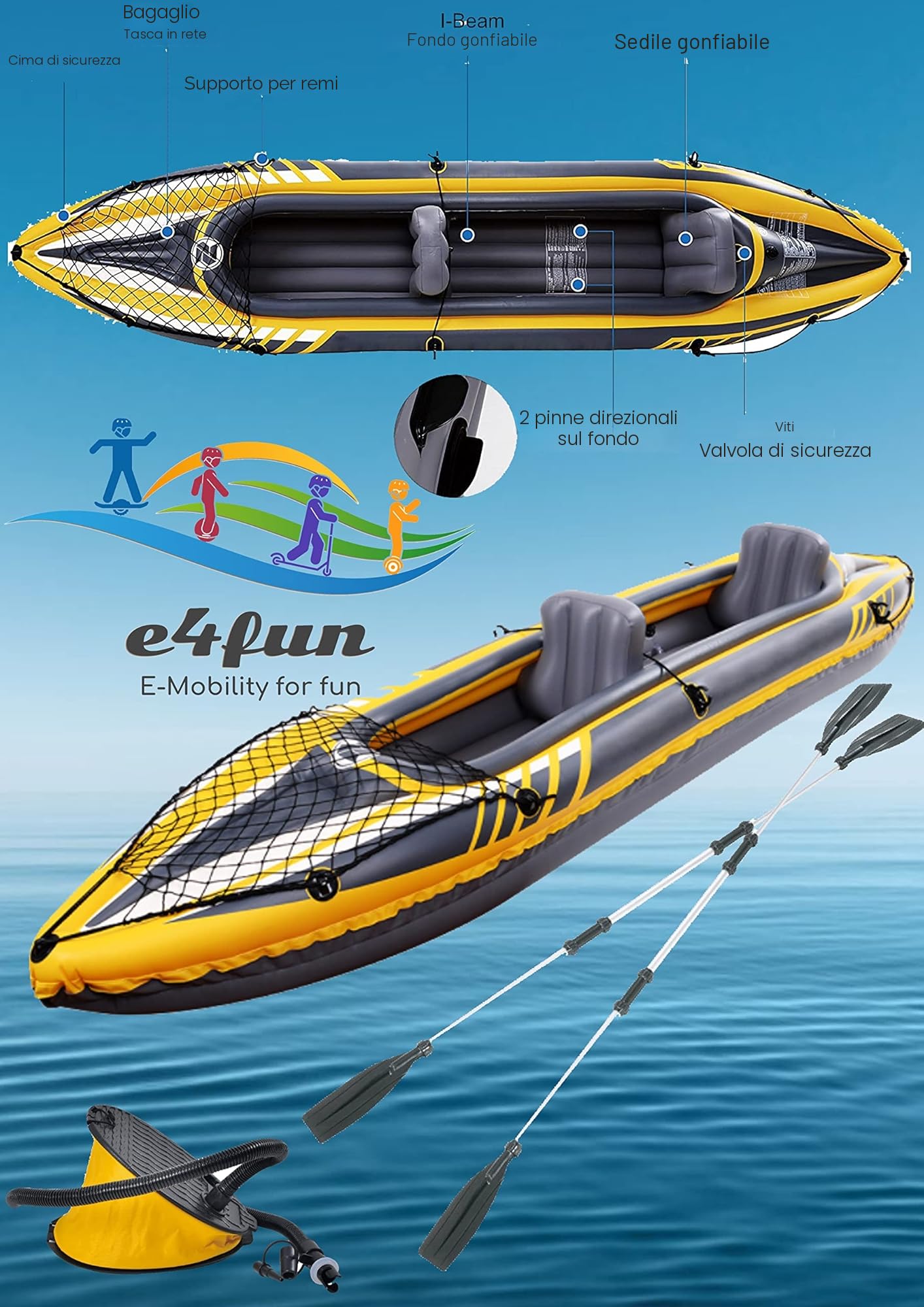 Kayak gonfiabile per 2 persone, 350 x 78 x 52 cm, con accessori
