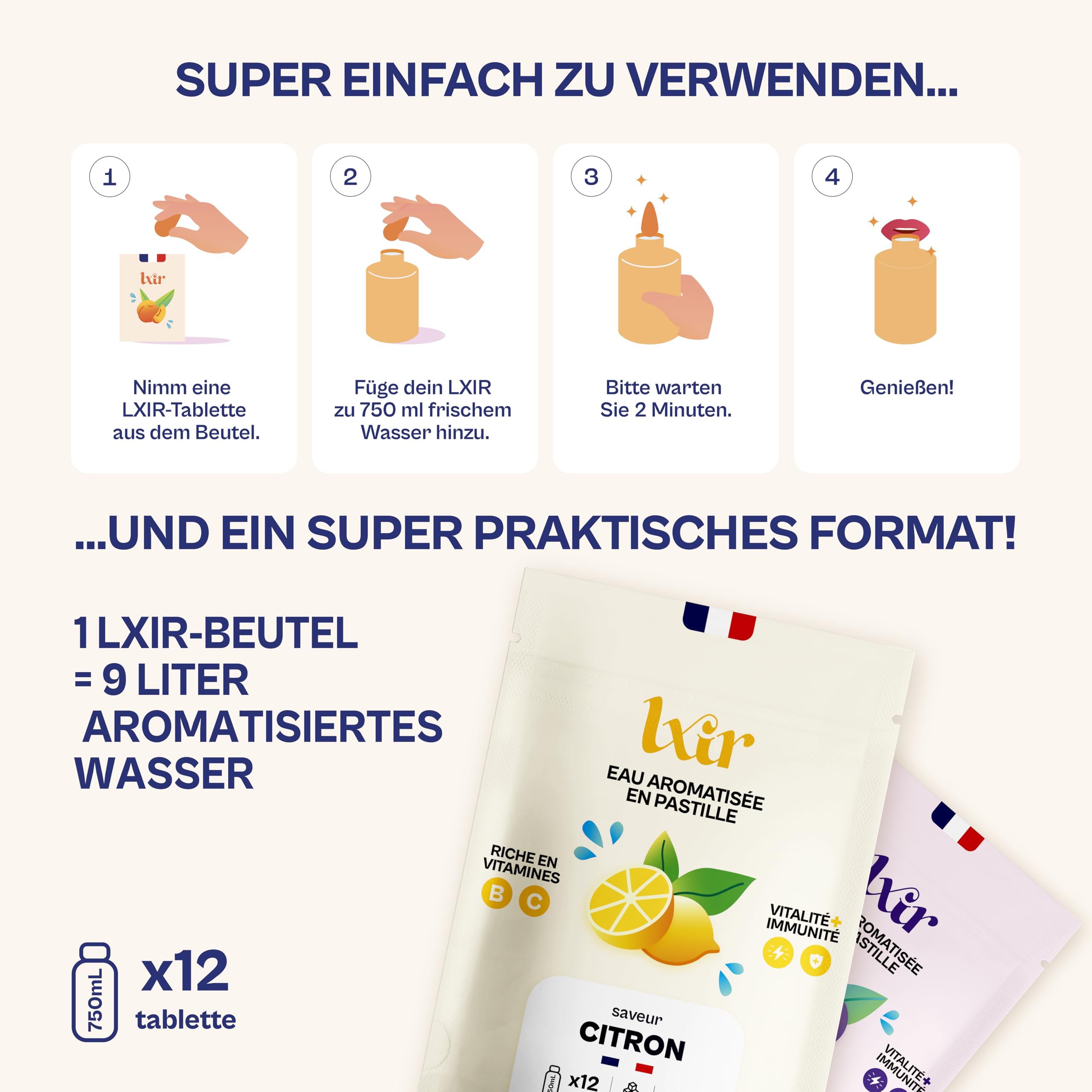 LXIR DRINK Multivitamin-Brausetabletten – Zuckerfrei, 5 Geschmacksrichtungen, mit Vitamin C & B-Komplex – Für tägliche Hydration, Energie & Haut-Schönheit – 60 Tabletten + Trinkflasche