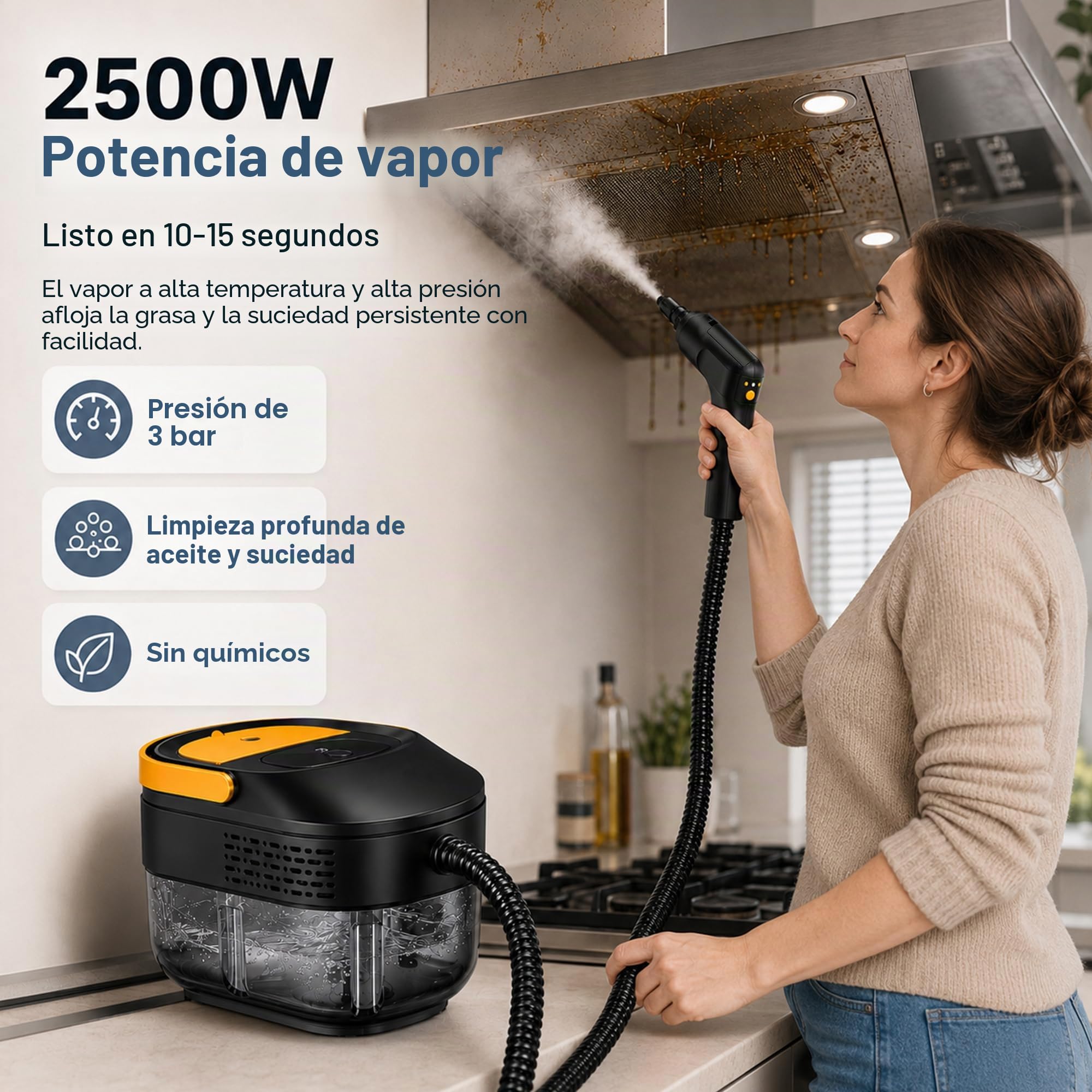 Vaporeta Limpieza Hogar 2500W, Vaporeta de Mano,Depósito de Agua 1600ML,Limpiador a Vapor Mango Regulable en 3 Niveles,Calentamiento Rápido 15s, para Coche, Cocina
