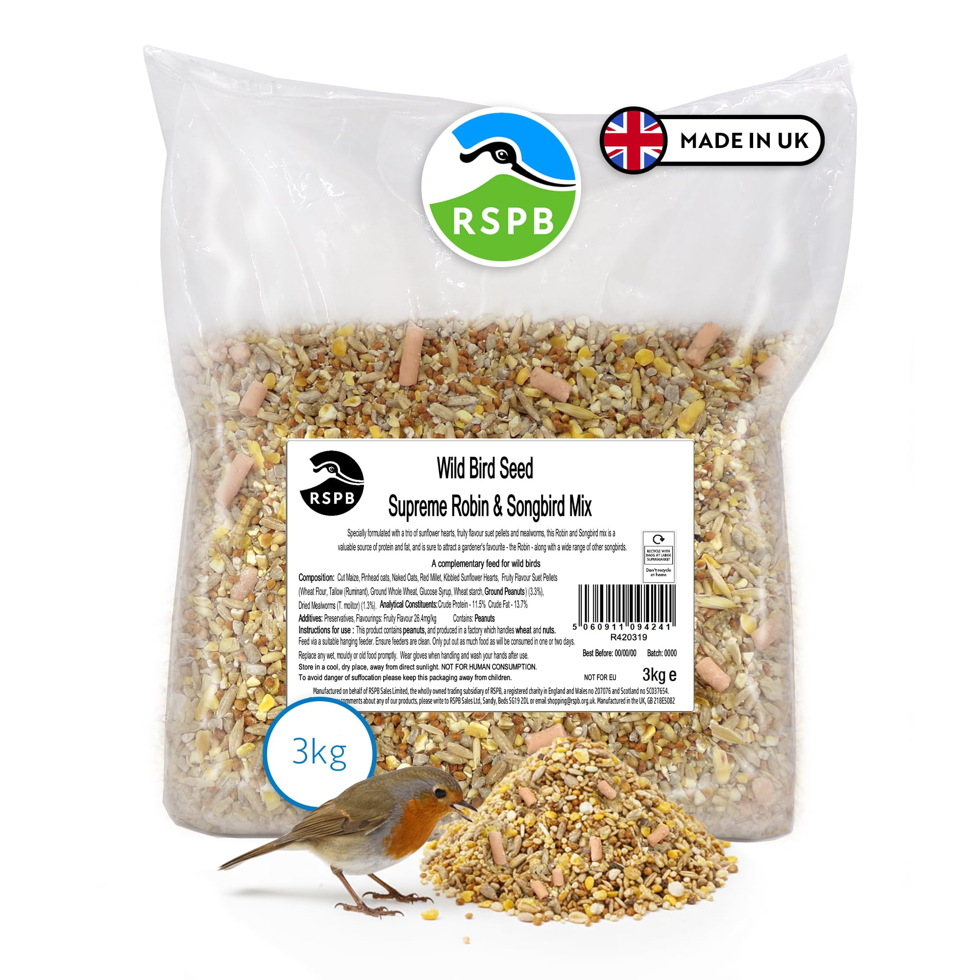 RSPB - Wild Bird Seed for Small Birds, Songbird and Robin Food Mix with Sunflower Hearts and Mealworms, Healthy and Nutritious, Made in the UK (3kg)