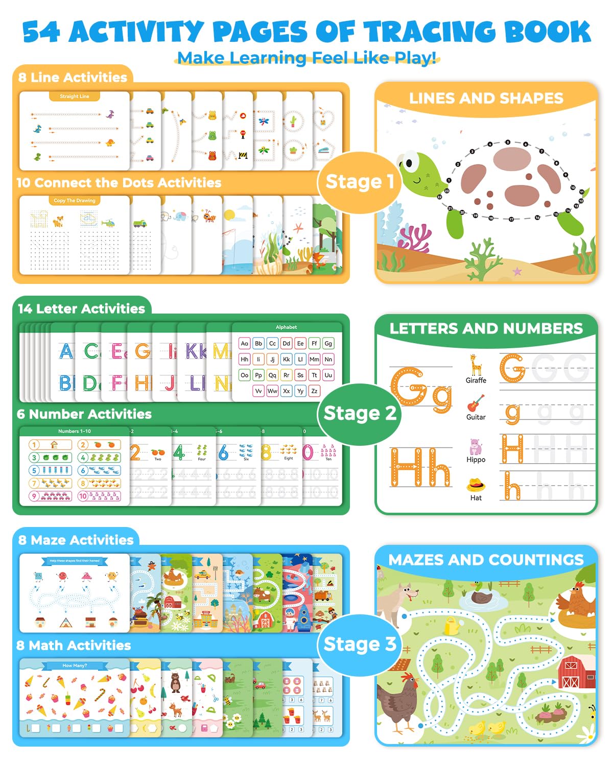 Activités d'apprentissage préscolaire, 54 pages réutilisables, livres de traçage pour enfants de 3 à 5 ans, livre d'activités pour tout-petits, cahiers d'exercices d'écriture pour la maternelle, jouet