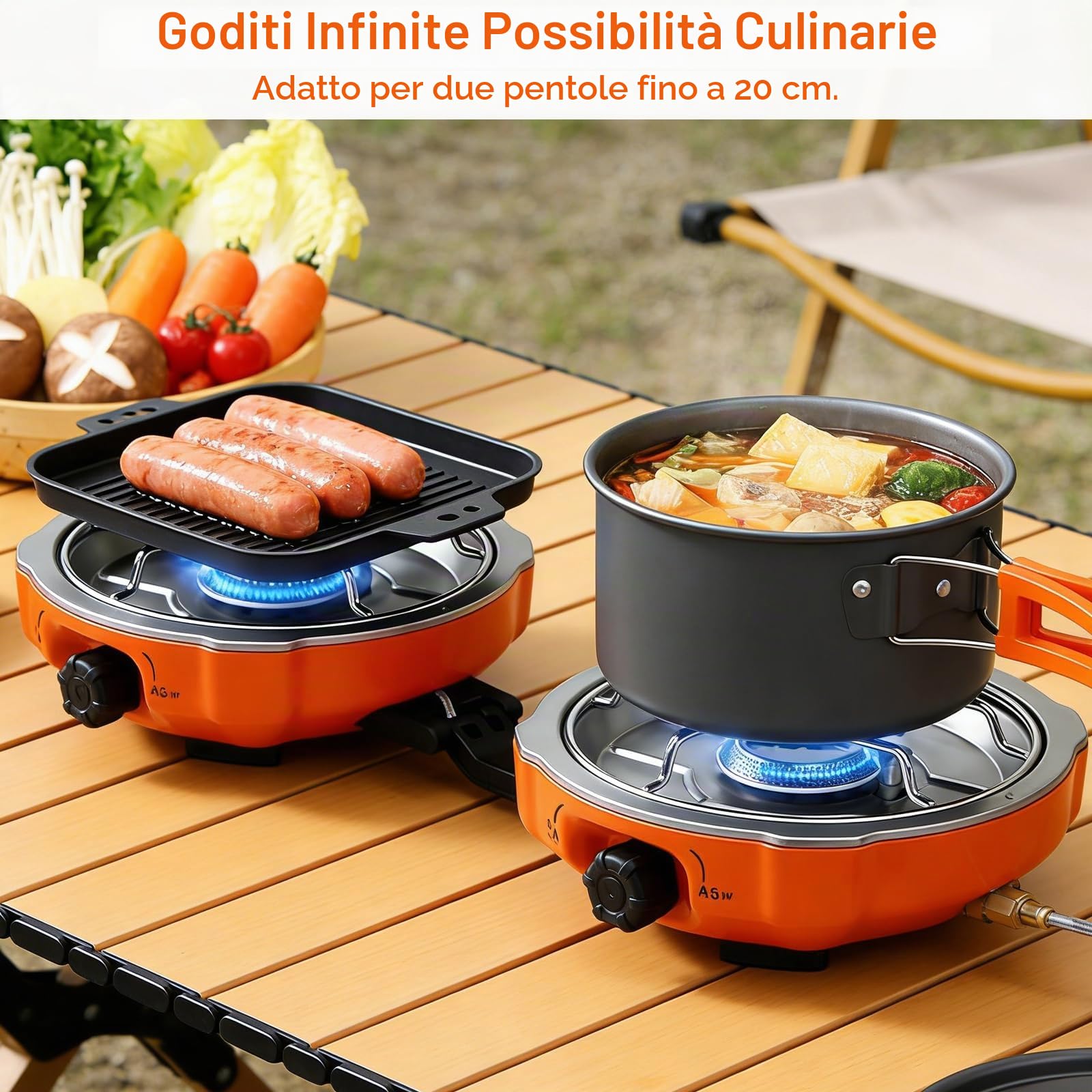 Fornello da Campeggio a 2 Fiamme, Collapsible Portatile Fornello da Gas a 2 Fuochi con Bruciatore Regolabile e Accensione Piezoelettrica per Campeggio, Escursionismo e Emergenze