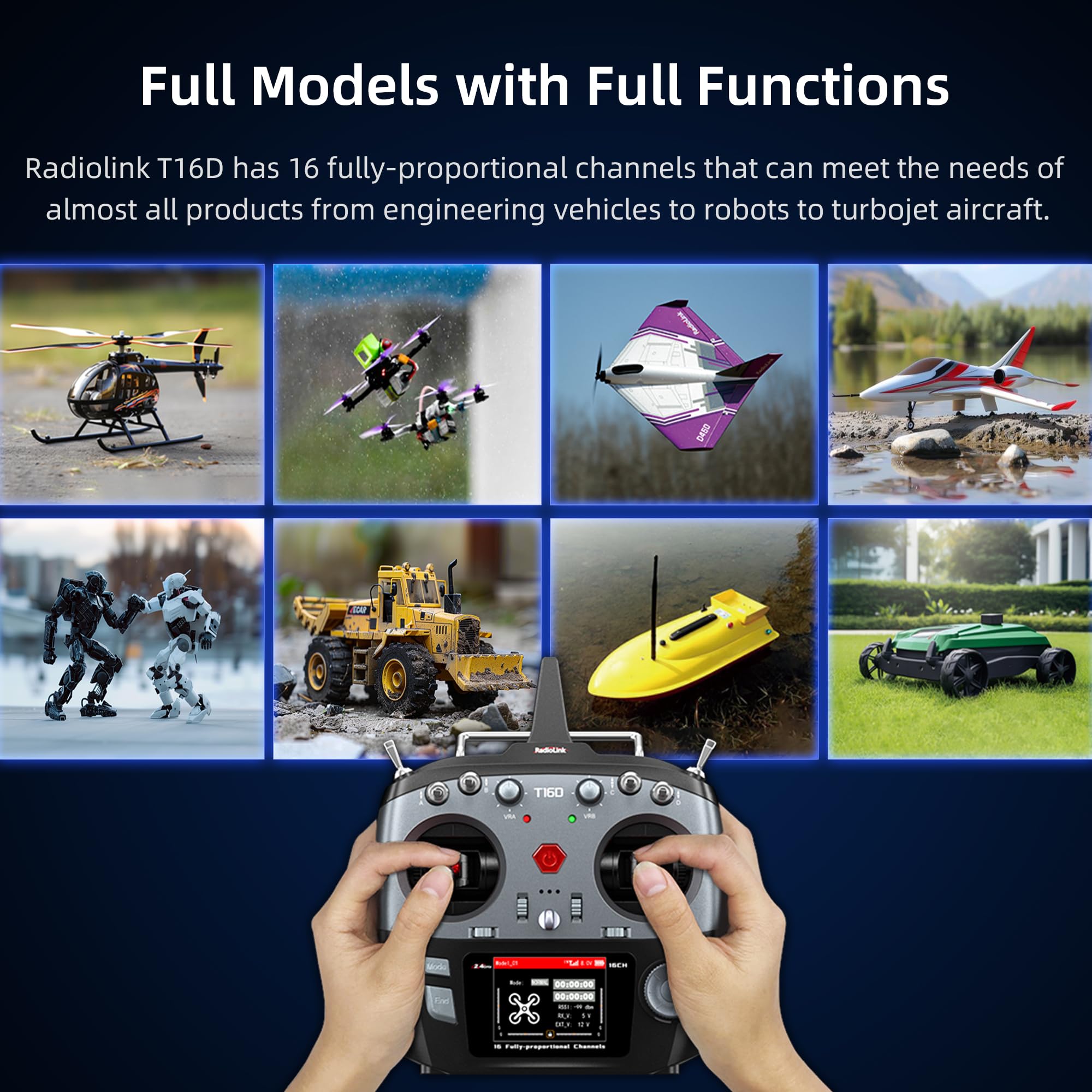 Radiolink T16D controlling various RC models including helicopters, drones, fixed-wing aircraft, cars, boats, and robots