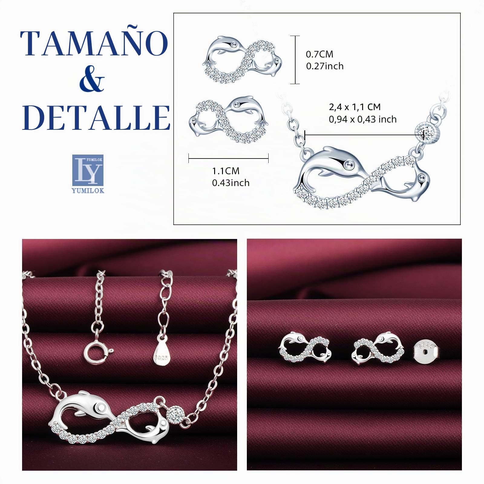 Yumilok Juego de joyas de collar y pendientes, collar con colgante de delfín y símbolo del infinito y pendientes en plata 925, joyería para mujeres y niñas, incrustaciones de circonita cúbica