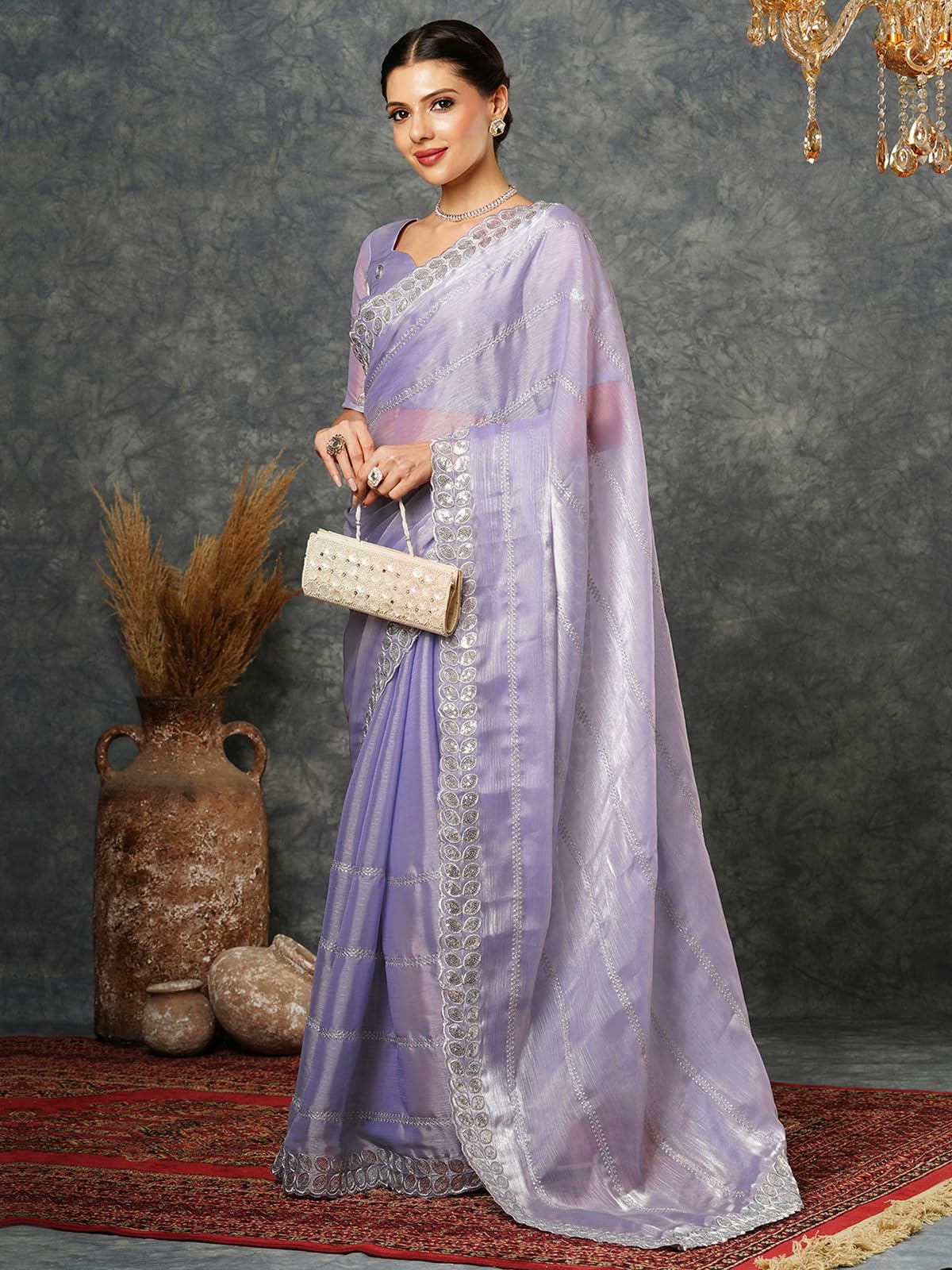 Satrani Women's Tissue Silk Sequence Embroidery Scalloped Border Saree With Unstitched Blouse Piece (3900S133N_Light Lavender)