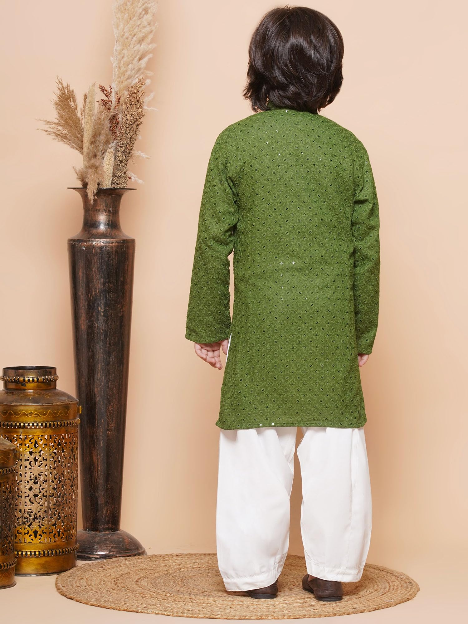 AJ DEZINES Boys Ethnic Kurta Pajama Set | Cotton Full Sleeve Chikankari Kurta with Sequins | Traditional & Festive Outfit | Mandarin Collar, Regular Fit | Special Occasion Outfit for Kids | GREEN-10 - Image 4 thumbnail