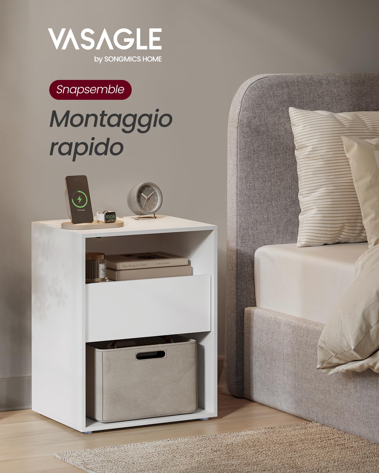 VASAGLE Comodino, Snapsemble Montaggio Rapido, Tavolino con Stazione di Ricarica, Moderno, Cassetto, per Camera da Letto e Soggiorno, Bianco Opaco LET777W04