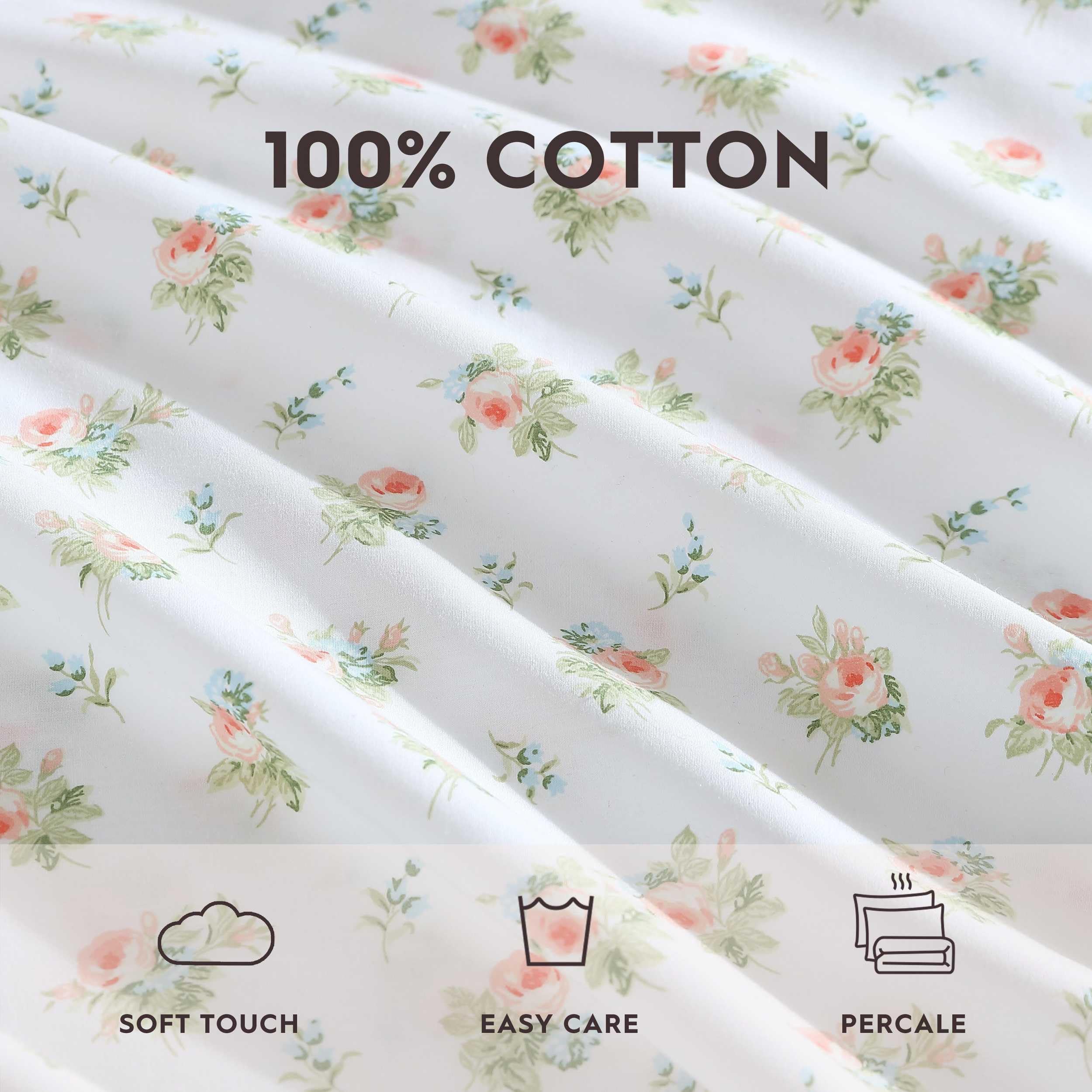 Laura Ashley - Juego de sábanas Individual XL, Ropa de Cama de algodón percal Transpirable, 200 Hilos, decoración Floral para el hogar (Naranja Roseford, Individual XL)