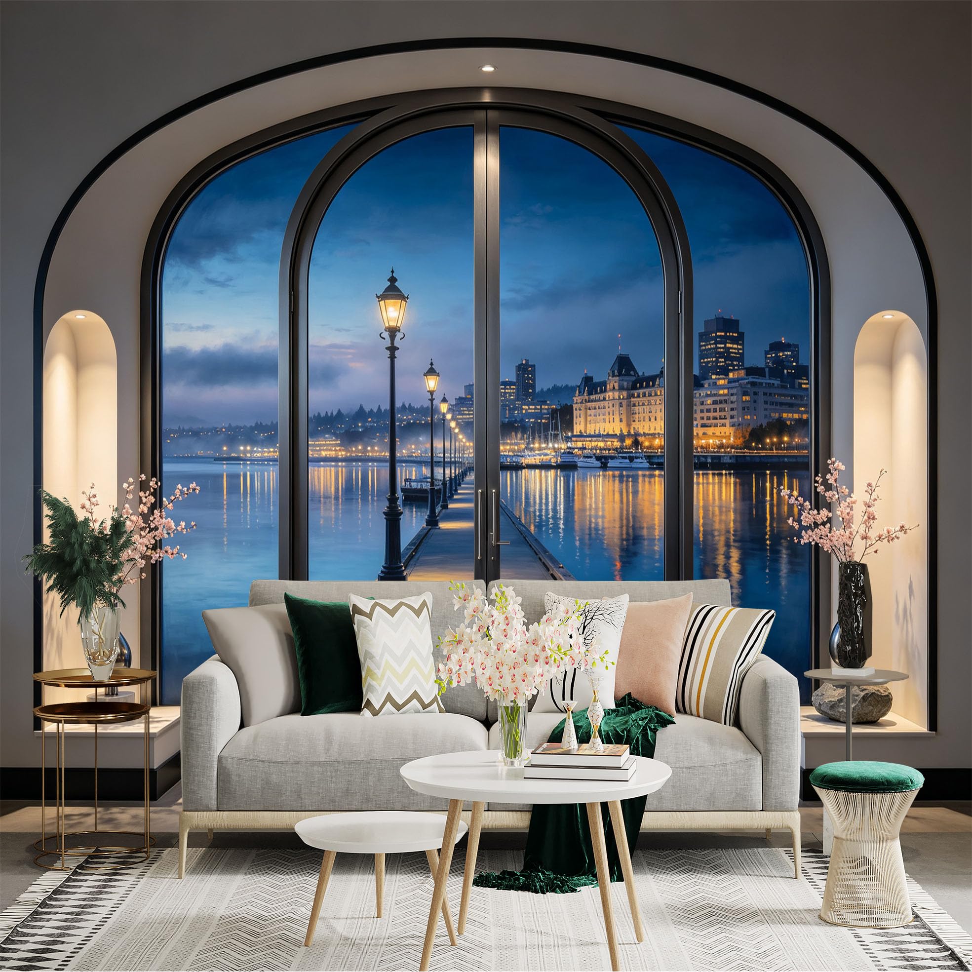 Custom Size Wall Sticker Mural， Night City Waterfront Pier with Arched Window View and Lake Reflection， for wall Decoration， peelandstick wall Decals.