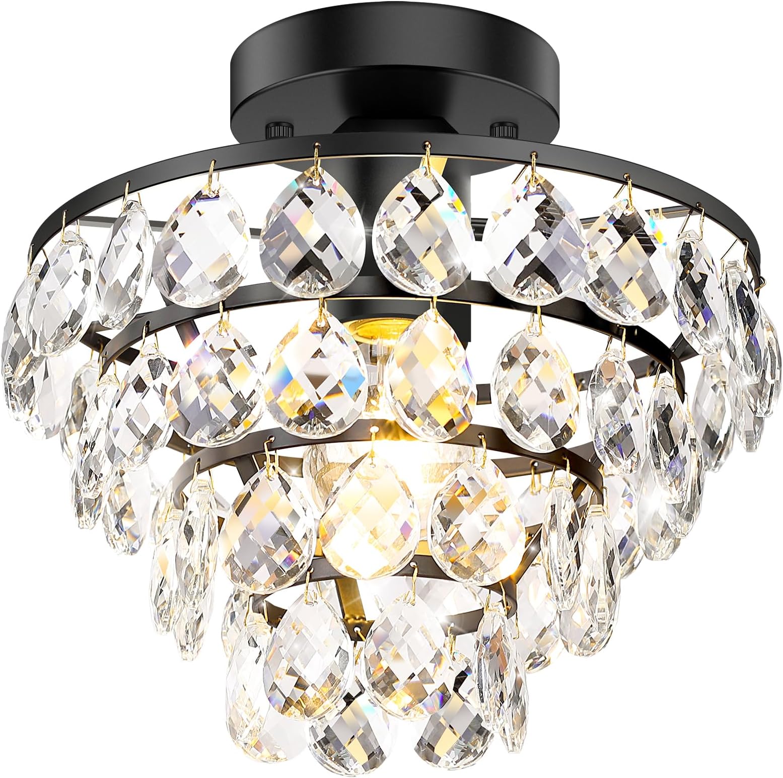 Modern Crystal Ceiling Light - Black Semi Flush Mount Small Chandelier with E26 Base Farmhouse Lighting Fixture for Bedroom Bathroom Closet Living Room Hallway Entryway Kitchen