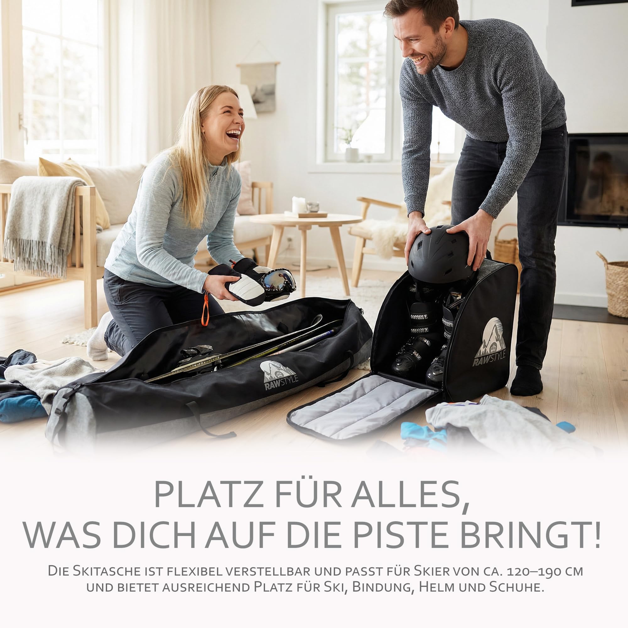 Skitaschen Set – Skitasche Rolltop 120–190 cm & Skischuhrucksack – wasserdichtes Cordura – Skiaufbewahrung für Ski, Skischuhe, Helm & Handschuhe – Ski Transporttasche KOMBIPAKET