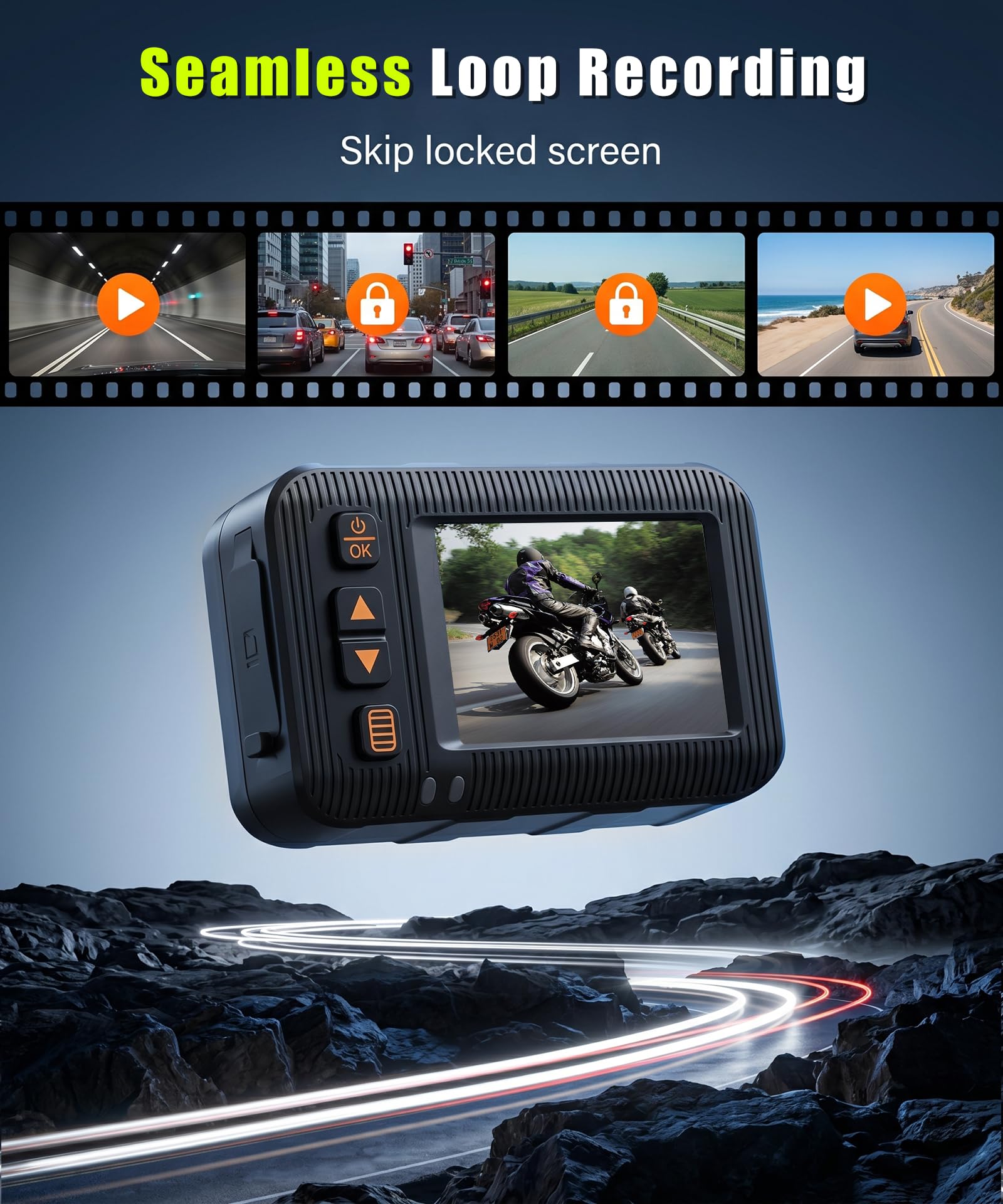 Rimoody Dashcam per Moto 1080P con Due Telecamere, 2" Schermo, Telecamera a Doppia Lente Anteriore e Posteriore, IP67 Impermeabile, Visione Notturna, G-Sensor, Loop Video, Monitoraggio di Parcheggio