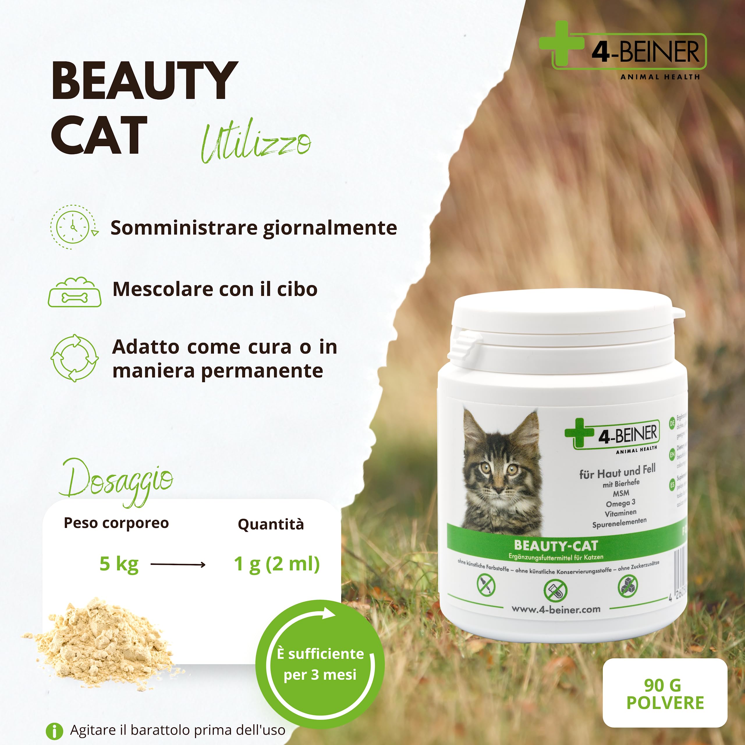 4-BEINER BEAUTY-CAT - splendido pelo, vitamine per i gatti con omega 3, MSM, vitamina B complessa, vitamina C, biotina, cardo mariano, lievito di birra, zinco, iodio, selenio, 90 g di polvere