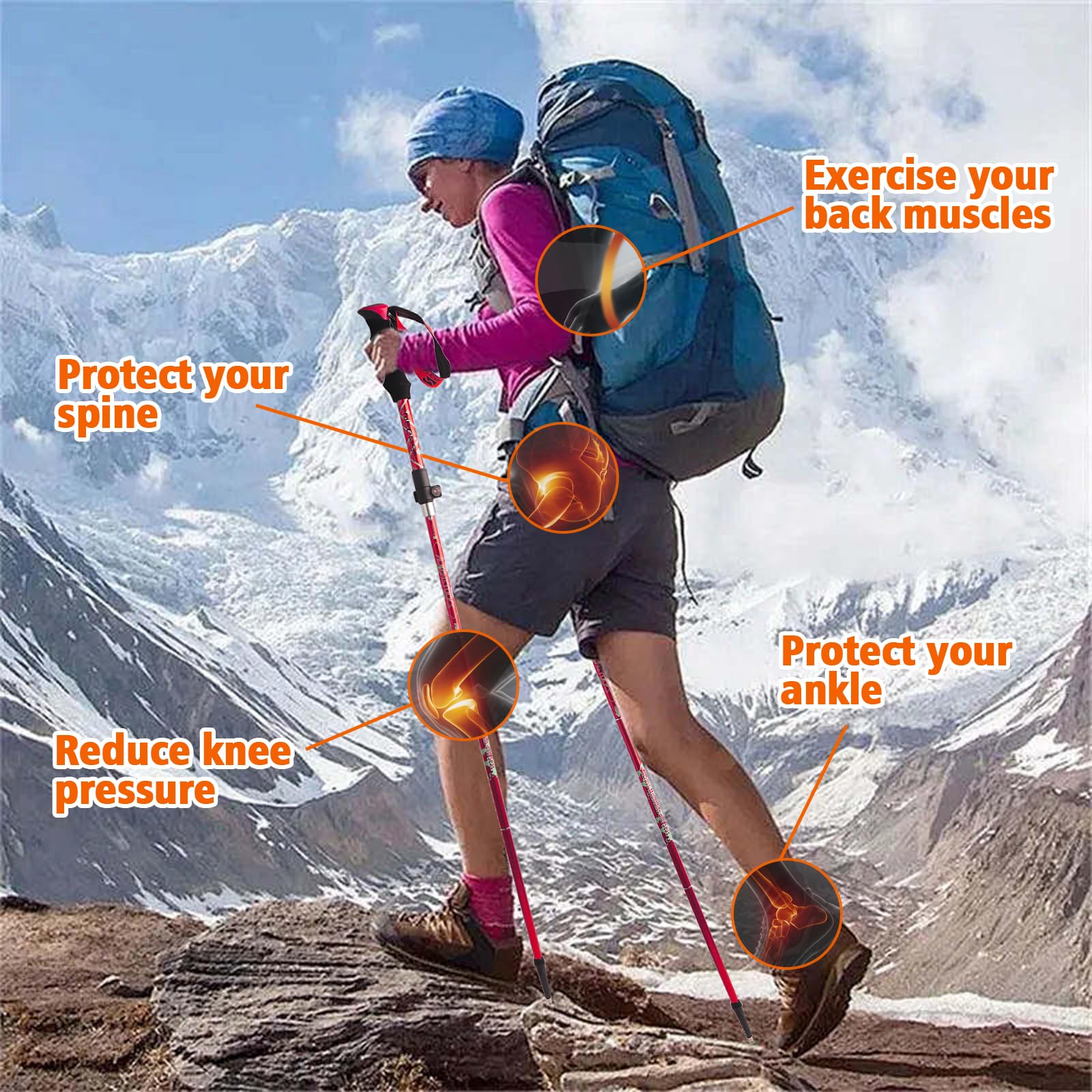 Kije do chodzenia, składane, 105-125 cm, damskie kijki do Nordic Walking, aluminiowe kijki trekkingowe, z 4 parami gumowych zderzaków, do trekkingu i wędrówek