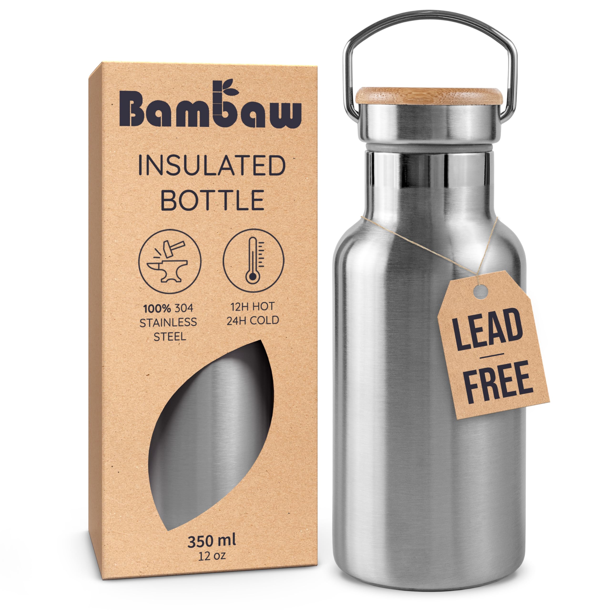 Bambaw Stainless Steel Water Bottle 350 ml | Thermos Flask | Insulated Bottle | Eco Flask | Reusable Water Bottle | Stainless Steel Bottle without Plastic | Keeps Hot and Cold Bamboo Bottle