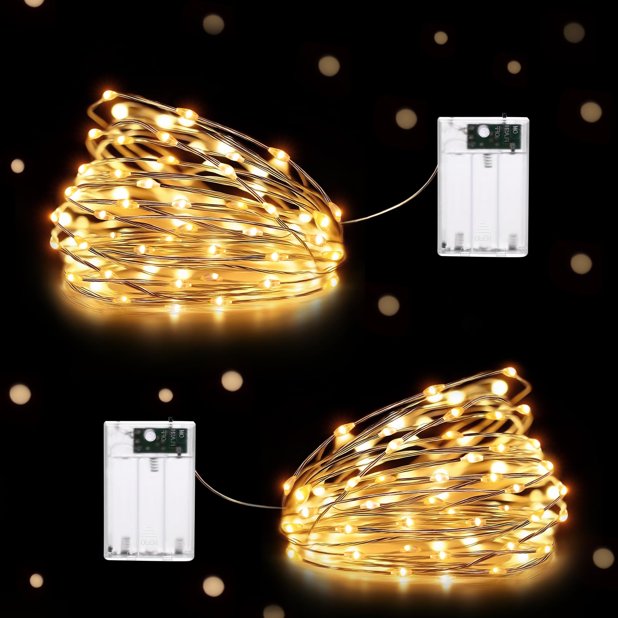 HeiPard Fairy Lights Battery Operated, 5m 50 LEDs String Light Waterproof Copper Wire Christmas Light for Indoor Outdoor Lighting, Bedroom Wedding Party Christmas Decoration (Warm White, 2 Packs)
