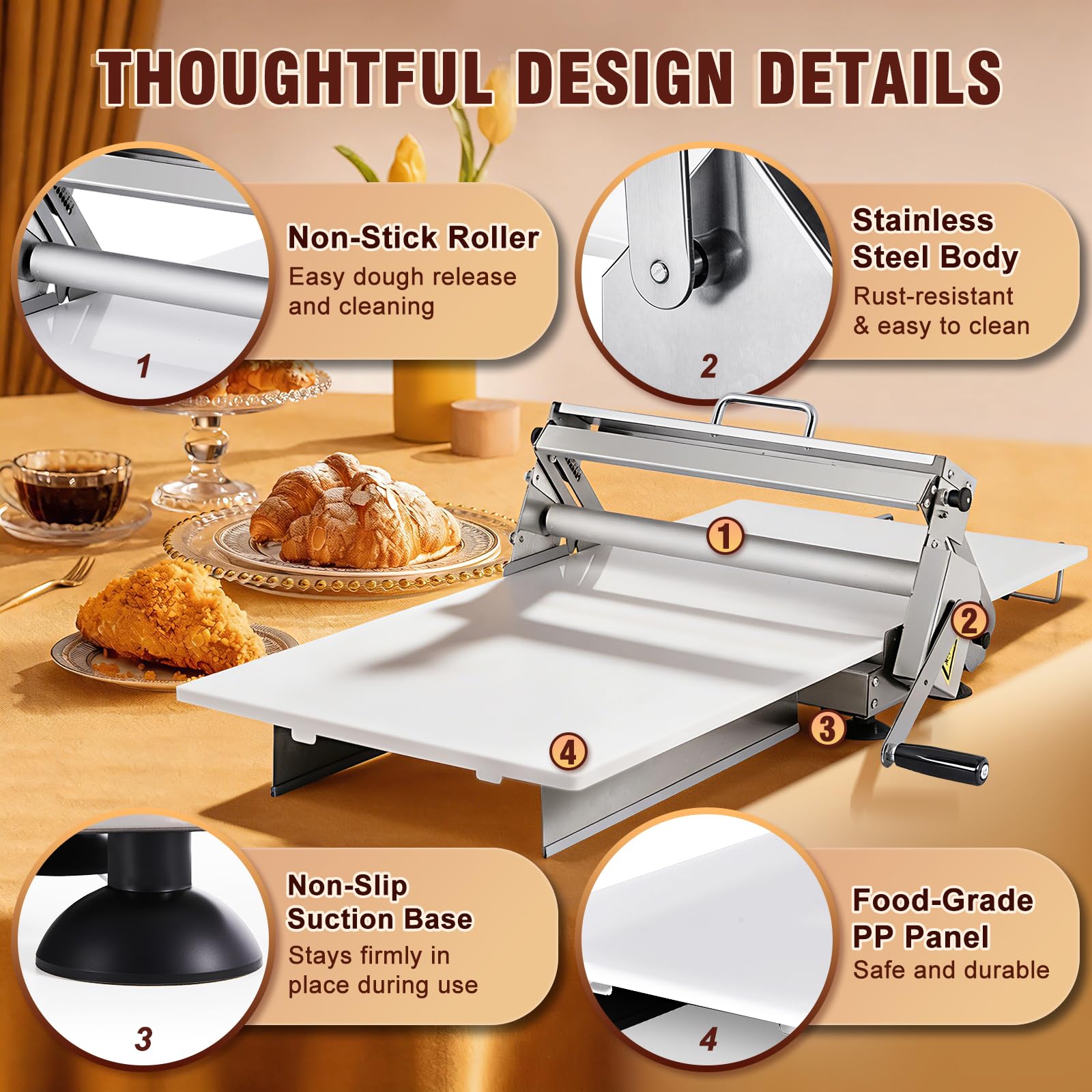 Sfogliatrice pieghevole per impasto, 39,4 cm, in acciaio inox, per panetterie e pasticceria, con 2 pannelli e spessore regolabile da 2,5 a 25 mm