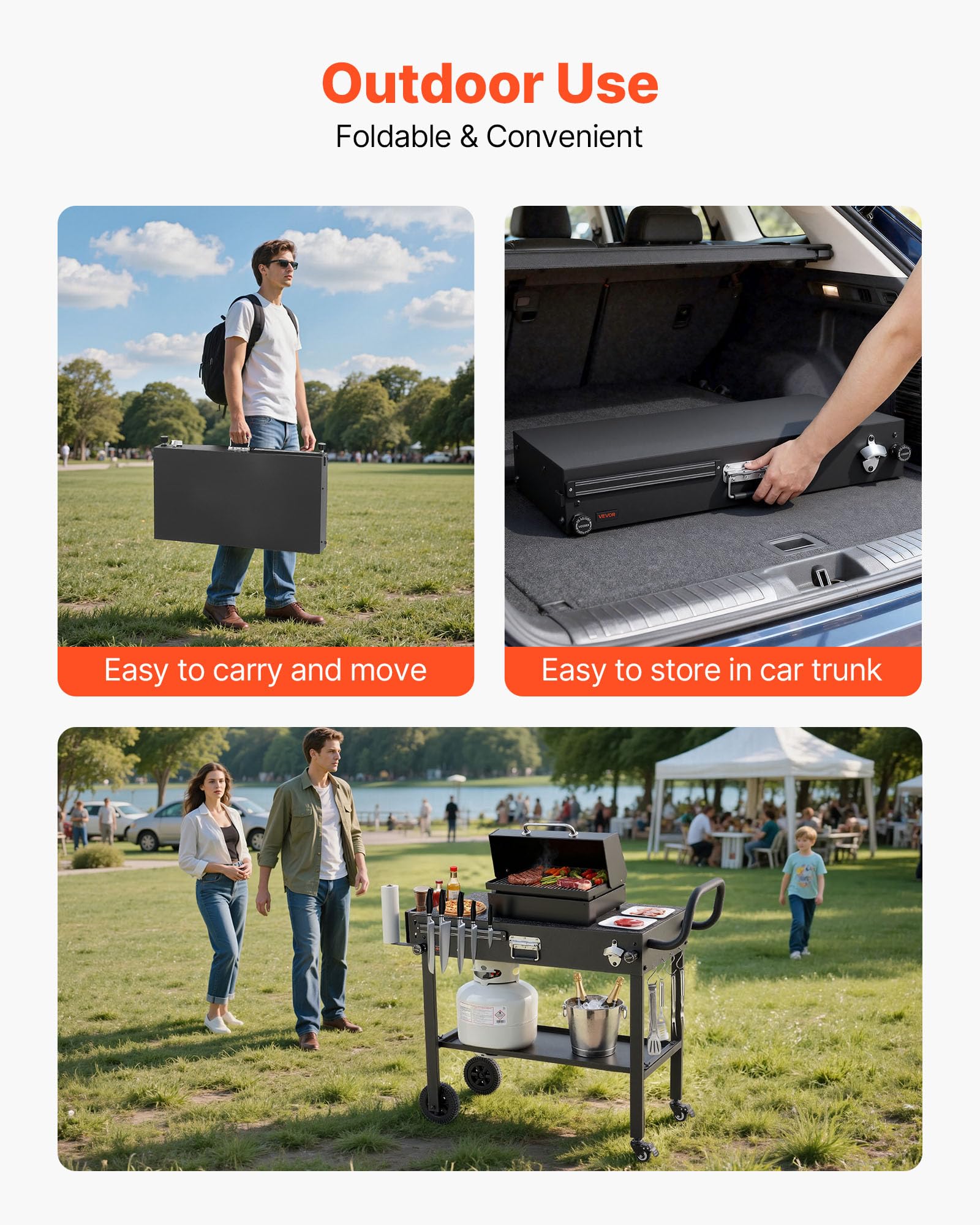 VEVOR Desserte de Jardin pour Plancha Pliable, Chariot de Barbecue Plan de Travail 78,7x43,2 cm, pour Préparation de Cuisine BBQ Terrasse Extérieur, avec Porte-essuie-Tout et Support pour Ustensiles