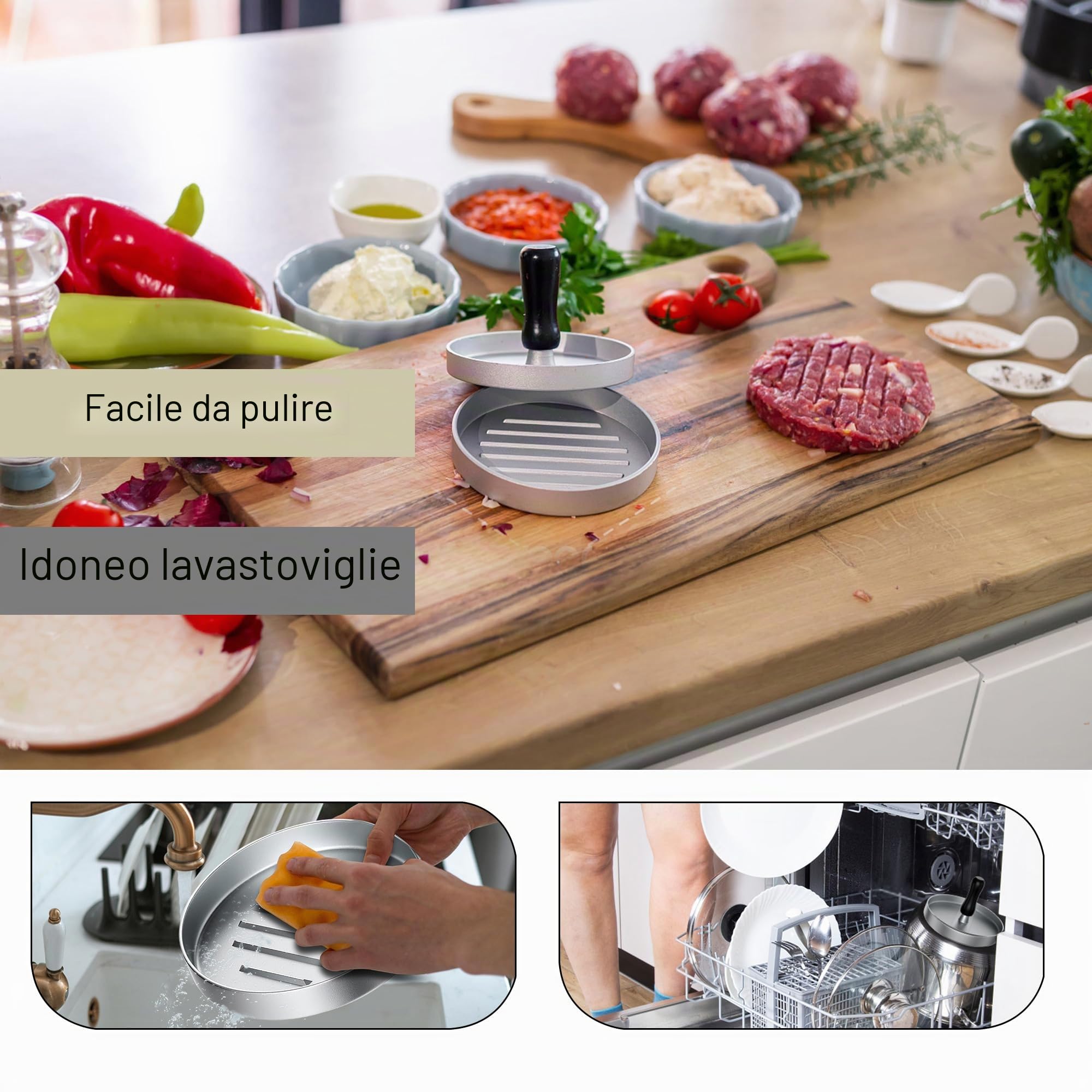 JUANSHI® Pressa per Hamburger con 100 Fogli di Carta da Forno Stampo per Hamburger Rivestimento Antiaderente Pressa per Hamburger, 12 cm Macchina per Hamburger (Argento)