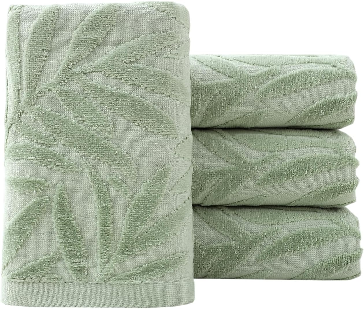 Pidada Hand Towels Set of 4 Leaf Pattern 100% Cotton Absorbent Soft Decorative Towel for Bathroom (Green) 4 Green