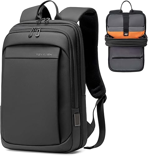 FENRUIEN Mochila de trabajo para hombres, mochila expandible resistente al agua con puerto de carga USB C, mochila negra para laptop 15.6