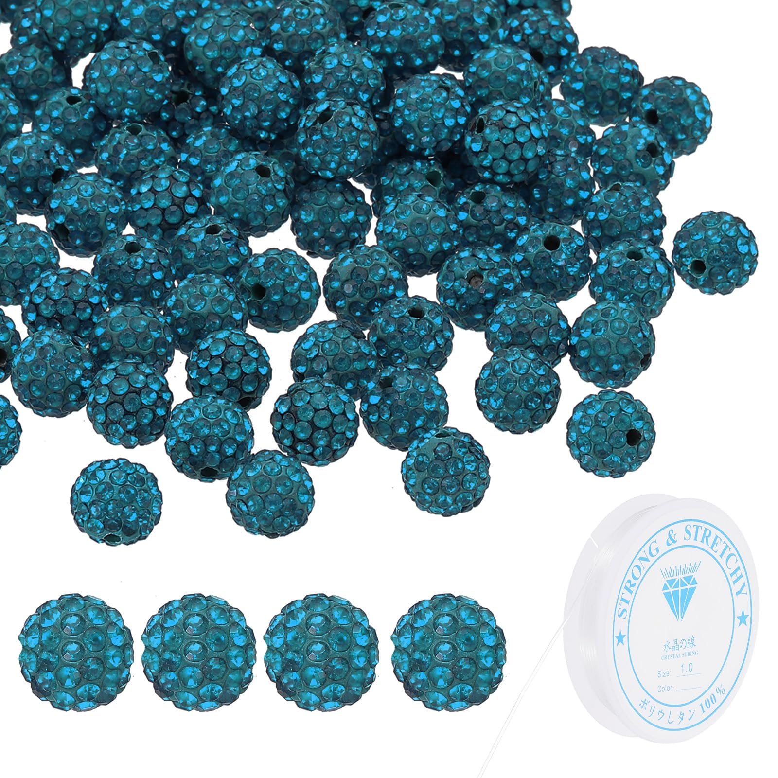 PATIKIL 10mm Rhinestone Clay Beads for Jewelry Making 120 Pack Round Ball Polymer Clay Crystal Charm Beads with Elastic String for Craft Decor Necklace Chain Bracelets DIY Light Blue
