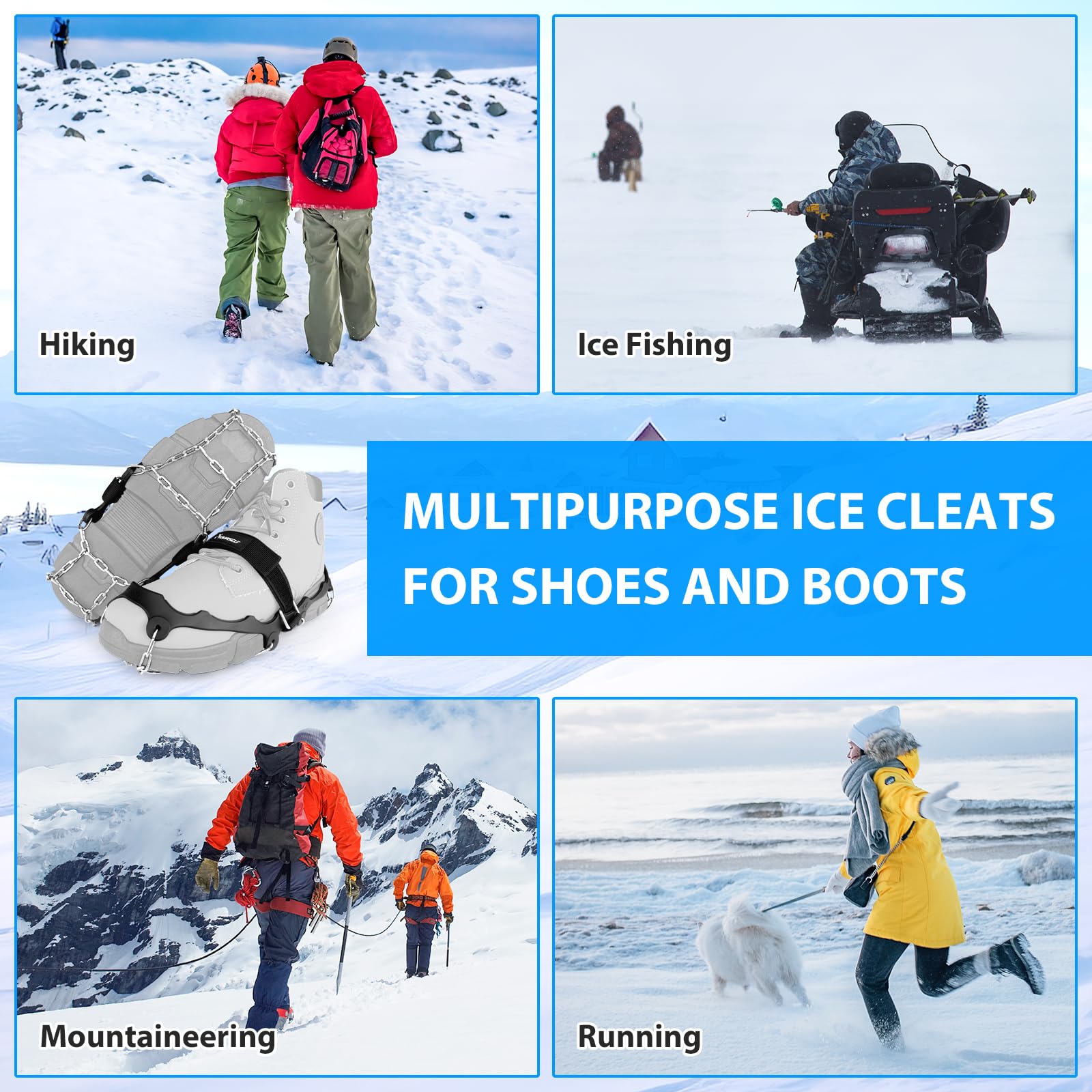 SYOURSELF Tacchetti da ghiaccio per scarpe e stivali da donna e uomo, ramponi antiscivolo catene da neve pinze per ghiaccio per scarpe e stivali, tacchetti di trazione per neve e pesca sul ghiaccio