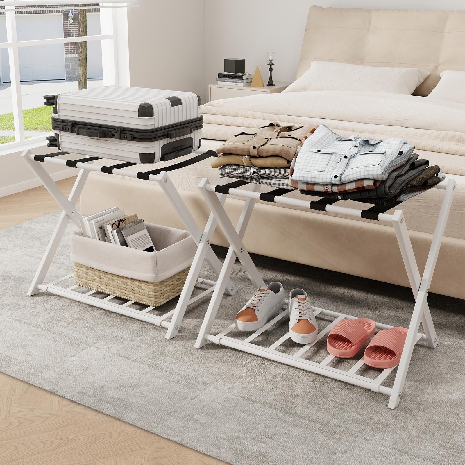 GYMAX Portavaligia da Hotel in Ferro 50 kg Pieghevole a 2 Ripiani 68x45x57 cm 2 Pezzi Bianco