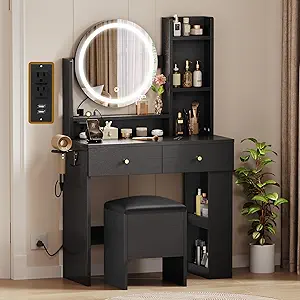 GOOBED Vanity Desk with Mirror and Light, Black Small Vanity Set with Charger Station, Makeup Table with Round Mirror and Adjustable 3 Lighting Modes for Bedroom, Makeup Dressing Desk Chair