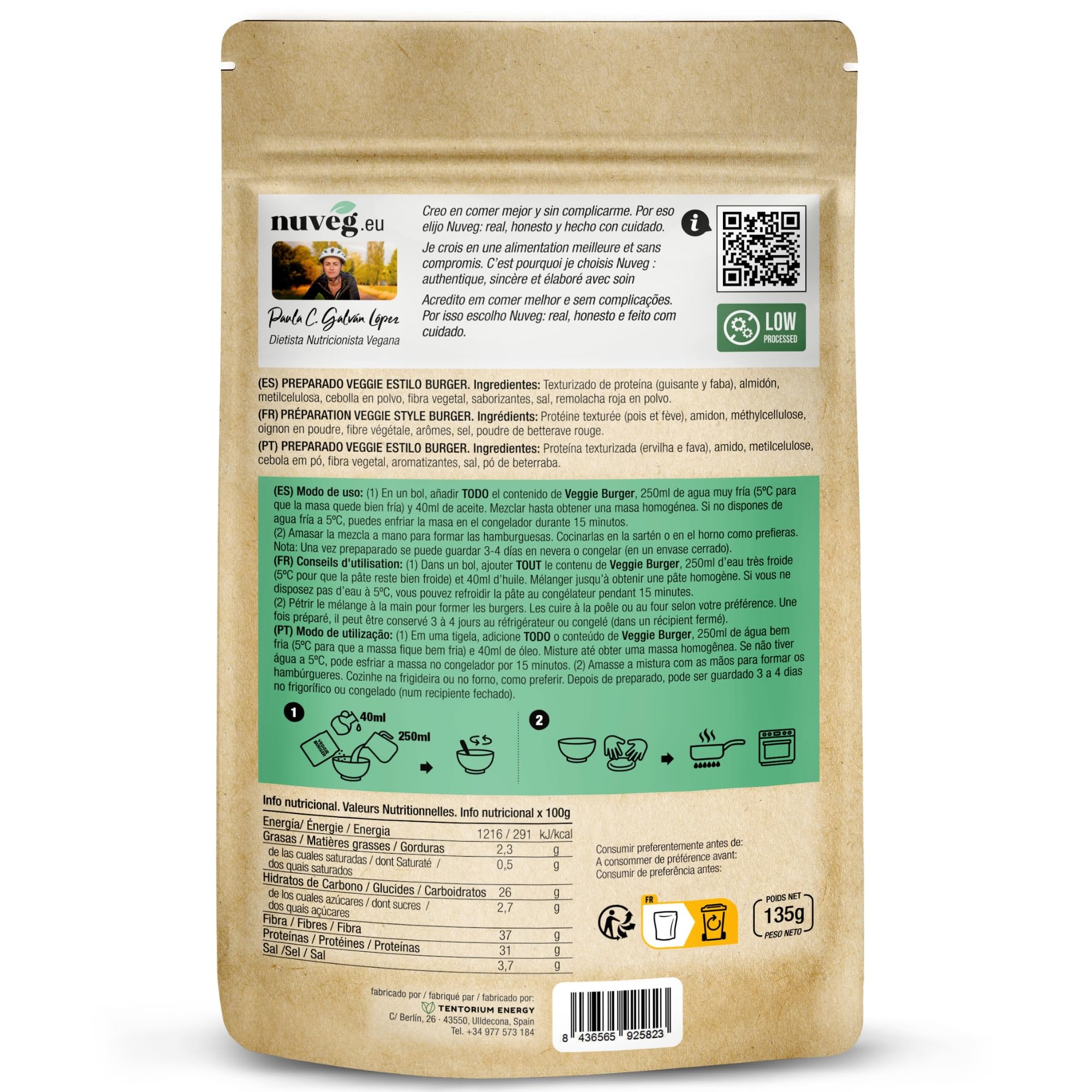 NUVEG Preparado Veggie para Hamburguesa Vegetal, Dieta Vegana y Vegetariana, Alto en Proteínas y Fibra, Sin Gluten y Sin Lactosa, Comida Preparada en Conserva, Fácil y Rápida, Pack 2, 270g