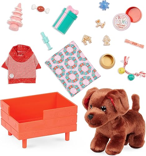 Glitter Girls Juego de cachorros navideños - Juego de accesorios de 18 piezas y felpa de 6 pulgadas - Cama y suéter para perros - Almohada,