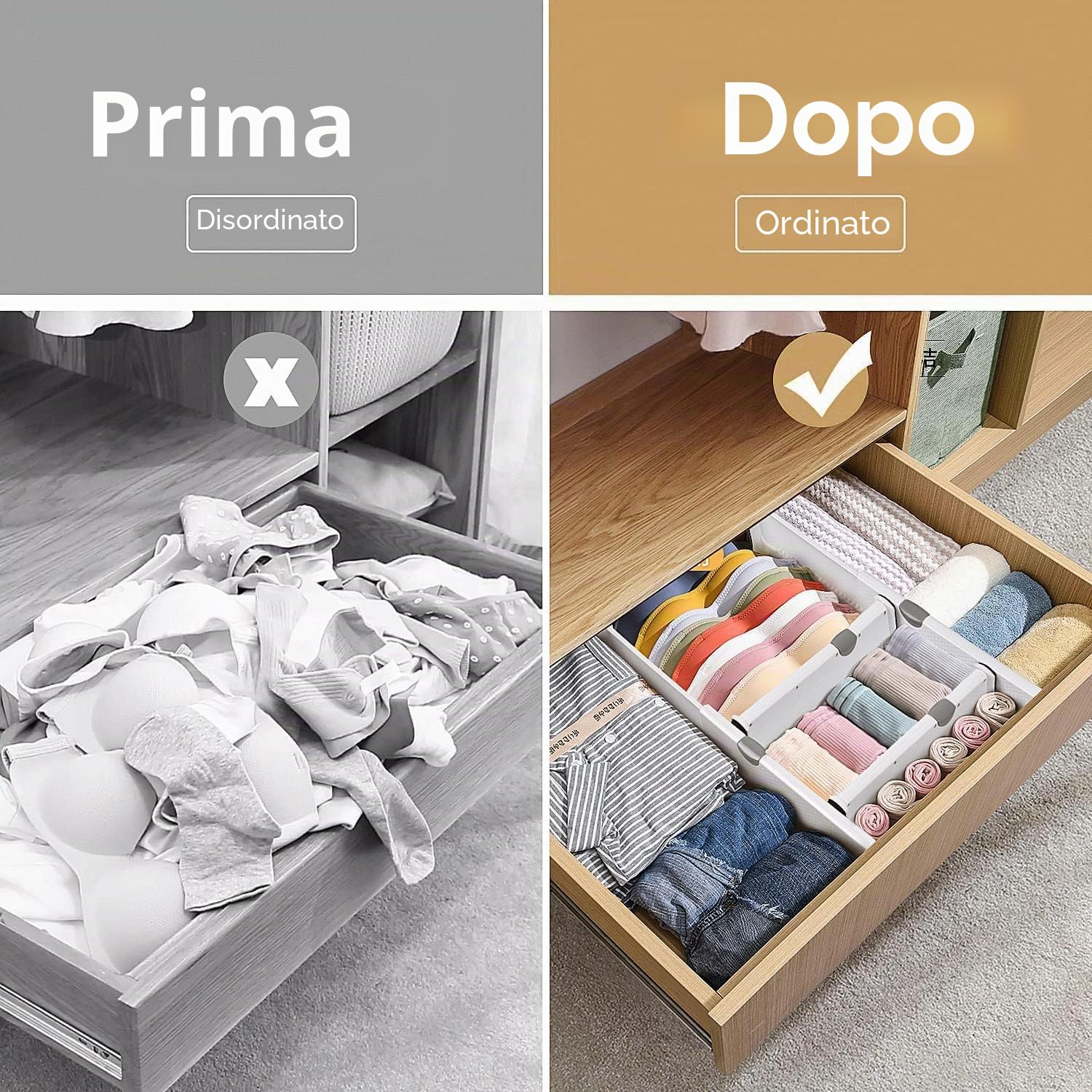 SENENQU Divisori per Cassetti 4 Pezzi Regolabili Bianchi 33,2-55 Cm | Separatori per Cassetti, Organizer Cucina, Bagno, Armadio e Intimo 12,7 cm in PP per Casa