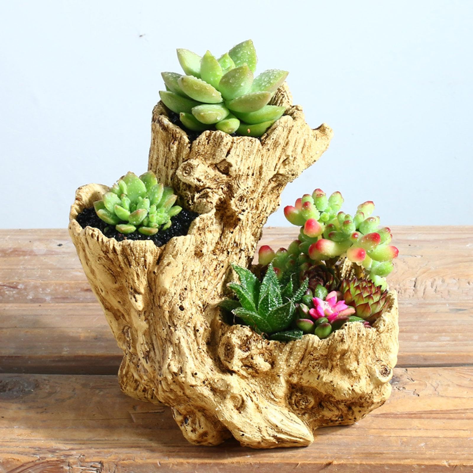 Vaso da Fiori in Resina, Vaso per Piante, Contenitore Ornamentale per Radici, Scultura Irregolare Effetto Legno, Drenaggio, Adatto per La Decorazione, Legna