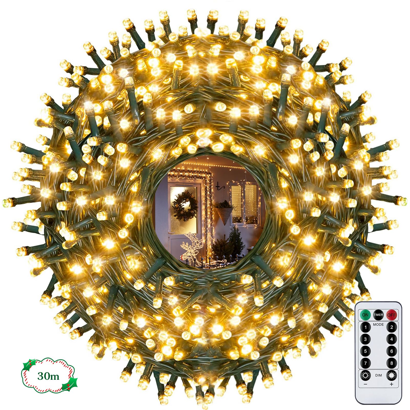 Guirnalda Luces Exterior 30M 300 LEDs Para Árbol de Navidad, 8 Modos, Impermeable, Conectable, Blanco Cálido - Ideal Para Terraza