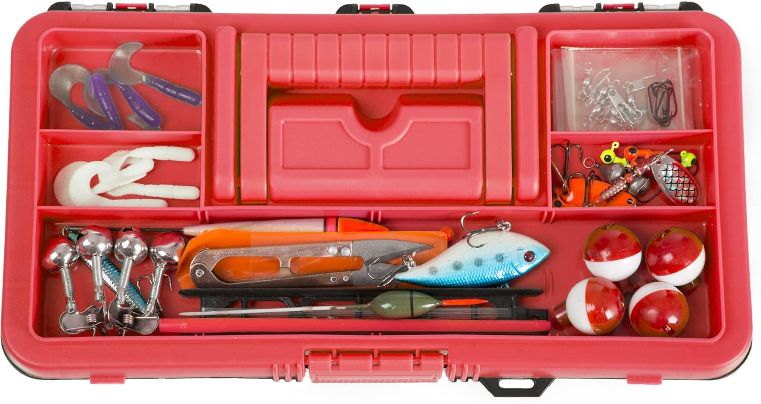 Fishing Single Tray Tackle Box- 55 Piece Tackle Gear Kit Includes Sinkers, Hooks Lures Bobbers Swivels and Fishing Line by Wakeman Outdoors Red : Everything Else