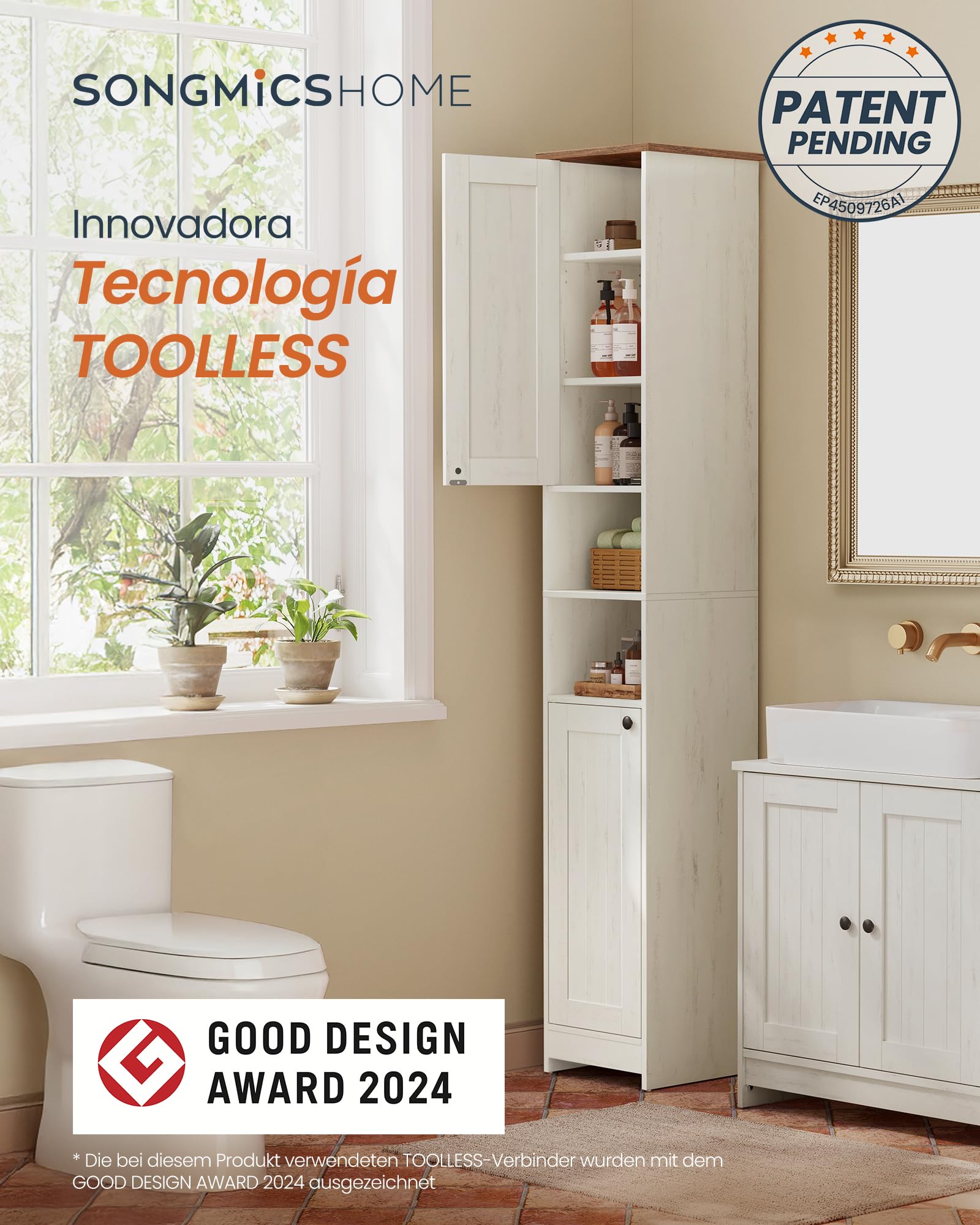 SONGMICS Home Mueble de Baño Estrecho, Montaje Súper Rápido Sin Herramientas Toolless, Mueble Compacto con estantes Ajustables para salón o recibidor, 30 x 30 x 170 cm, Blanco Rústico BBC667WJ01