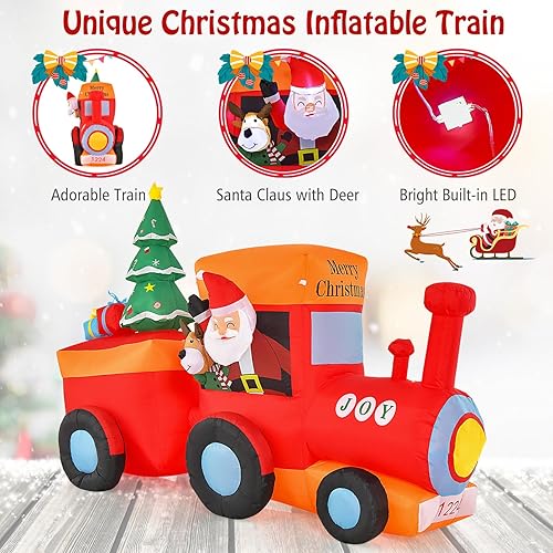 Miniatura 5 de Tangkula Papá Noel inflable de Navidad iluminado de 8.6 pies en tren con ciervos y árbol de Navidad, luces LED integradas y soplador de aire