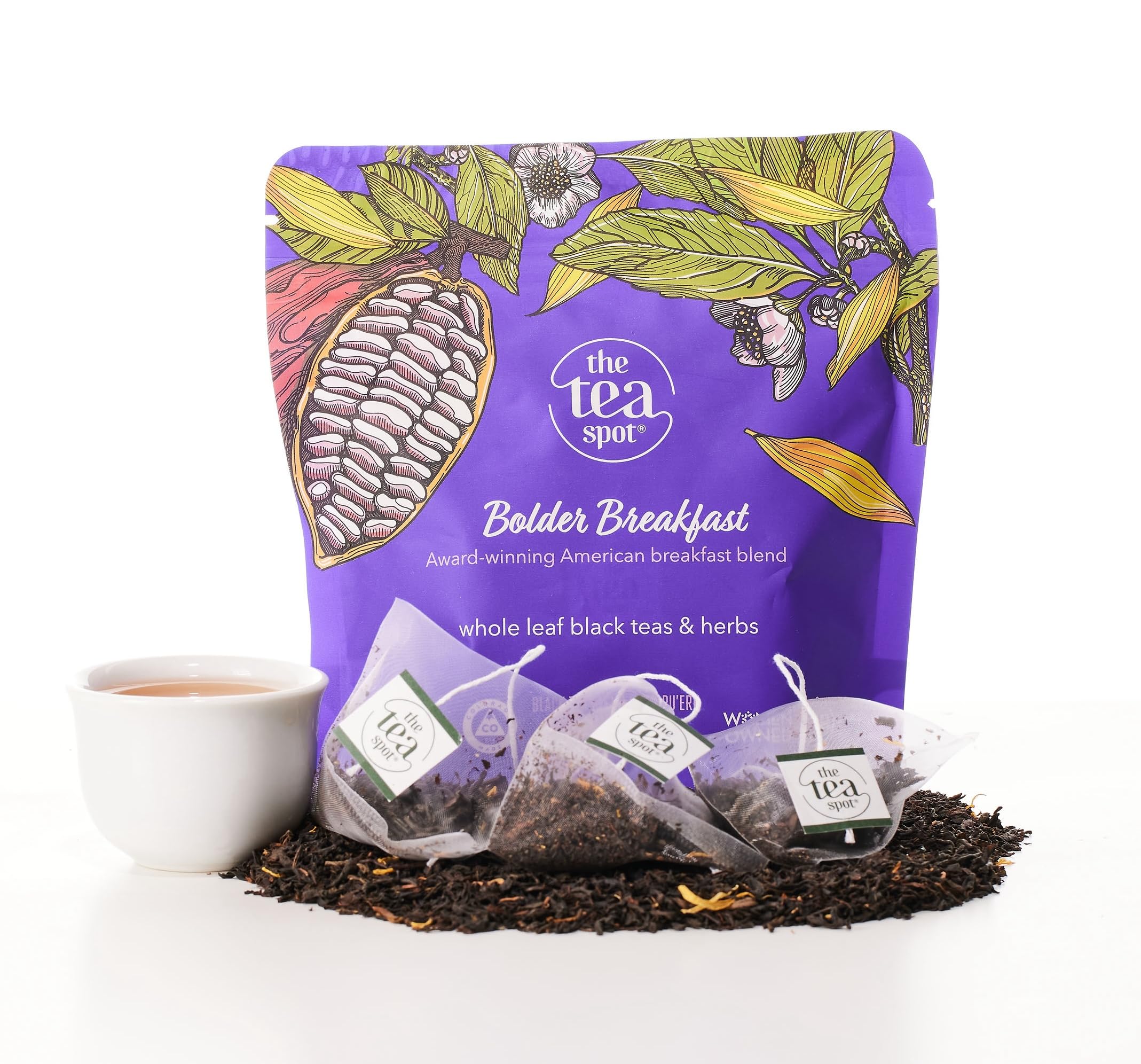 The Tea Spot Bolder Breakfast Tea with Dark Chocolate Flavoring | Blend of Black Tea, Pu’erh Tea, Calendula Flowers, Sunflower Petals, and Chocolate