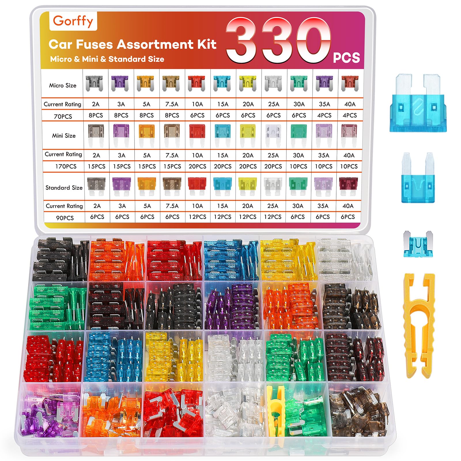 Car fuses 165Pcs, Gorffy Car Fuse Assorted 108 Mini + 57 Standard Blade Fuses 2A 3A 5A 7.5A10A 15A 20A 25A 30A 40A with Storage Case and Fuse Extrator for Automotive ATM/ATC/ATO — view 7