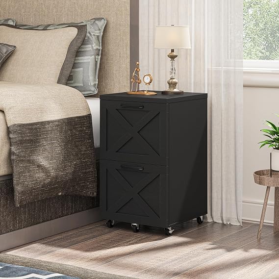Rolling Drawer Small File Cabinet 2-Tier Farmhouse Vertical Filing Cabinet A4 or Letter Size Under Desk Rolling File Cabinet Home Office Wood Printer Stand Black