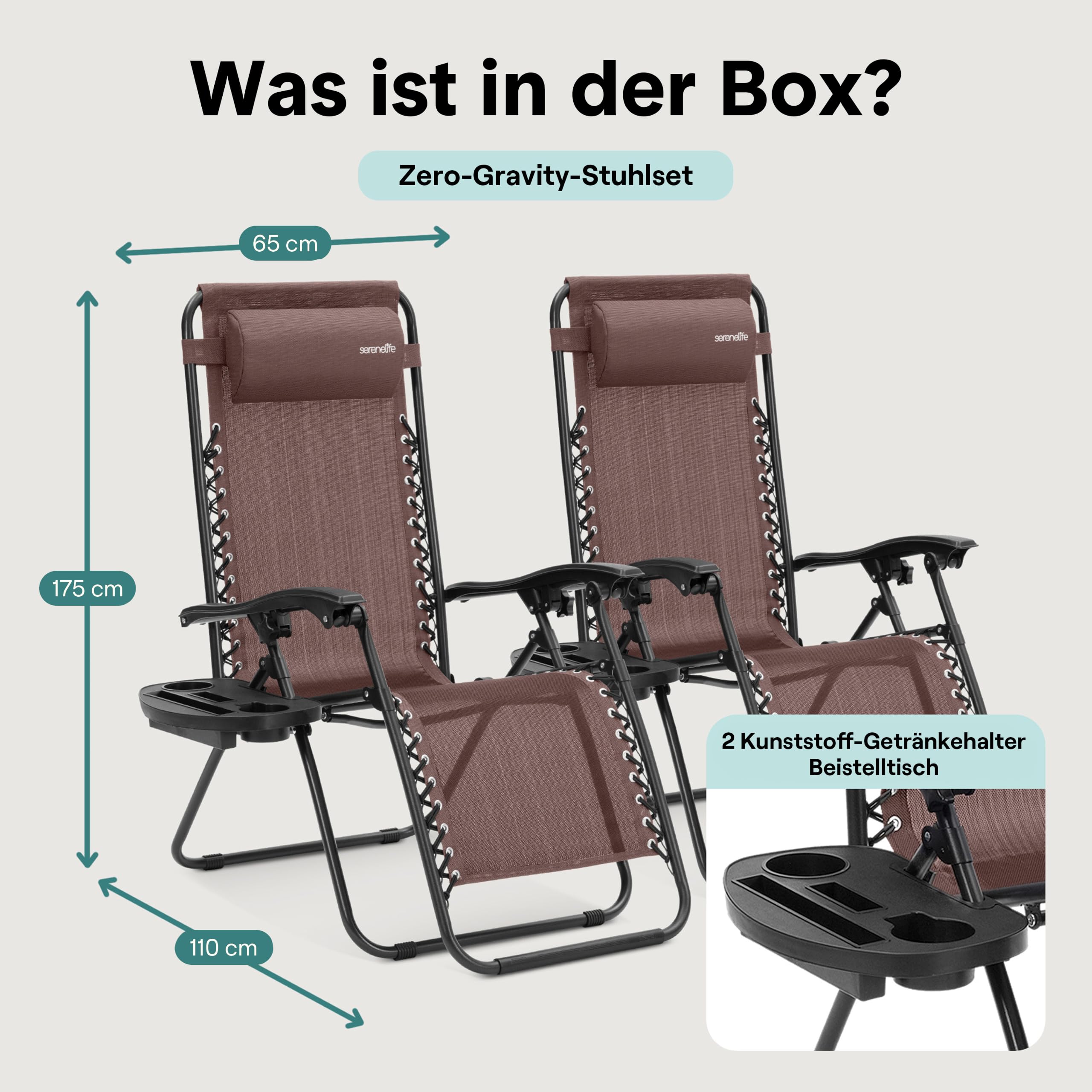 SereneLife Sonnenliege Klappbar 2er Set, Zero Gravity Liegestuhl Garten, bis 120 kg Braun, Verstellbar und Wetterfest, mit Tisch Getränkehalter und Kopfkissen, für Balkon Terrasse Camping Strand Relax