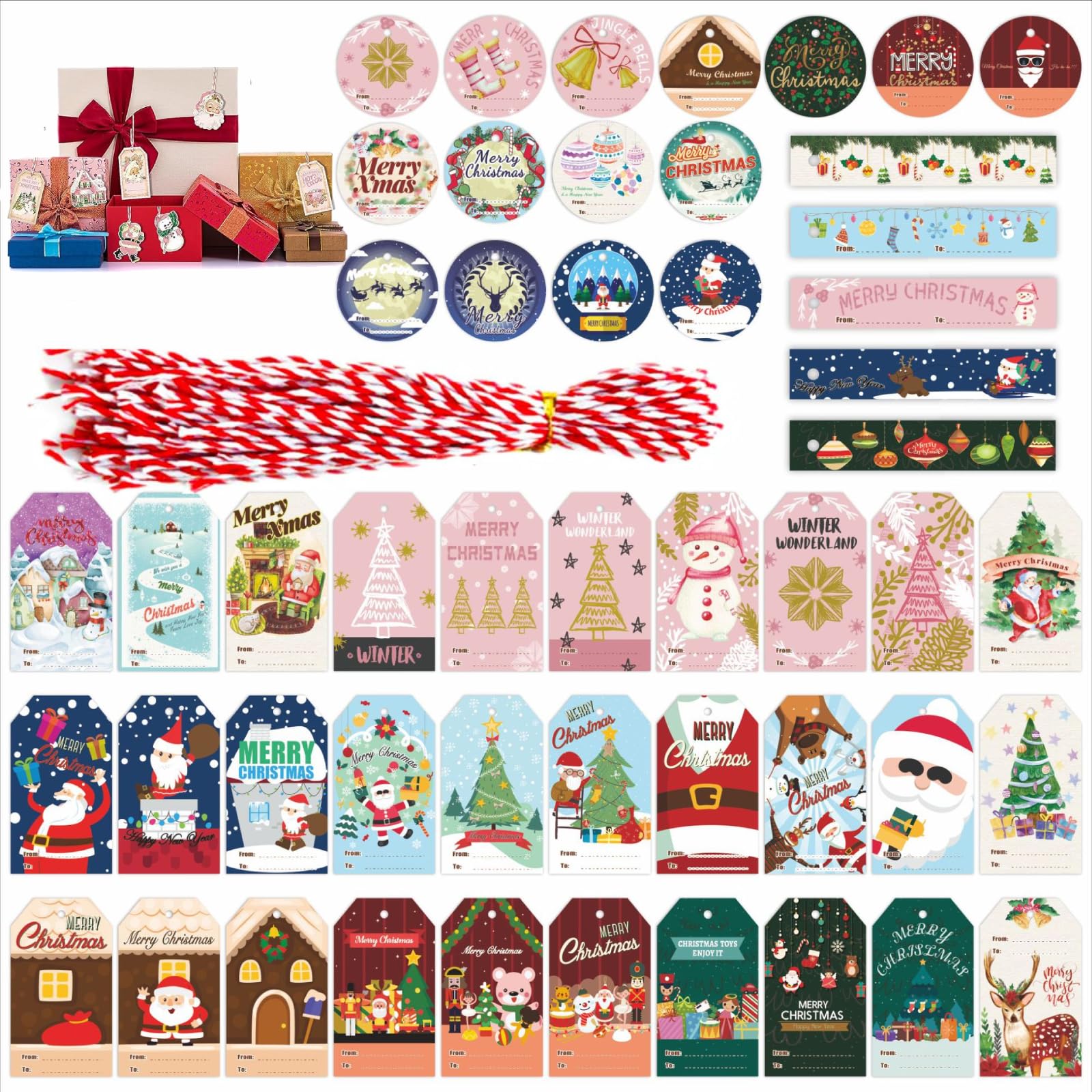 Vurtboly 50pcs Christmas Gift Tags, Christmas Hanging Tags Label for Christmas Gift DIY Decorations Present Wrapping with Rope for Personalizing Holiday Presents, Christmas Name Tag Sticker (Painting)