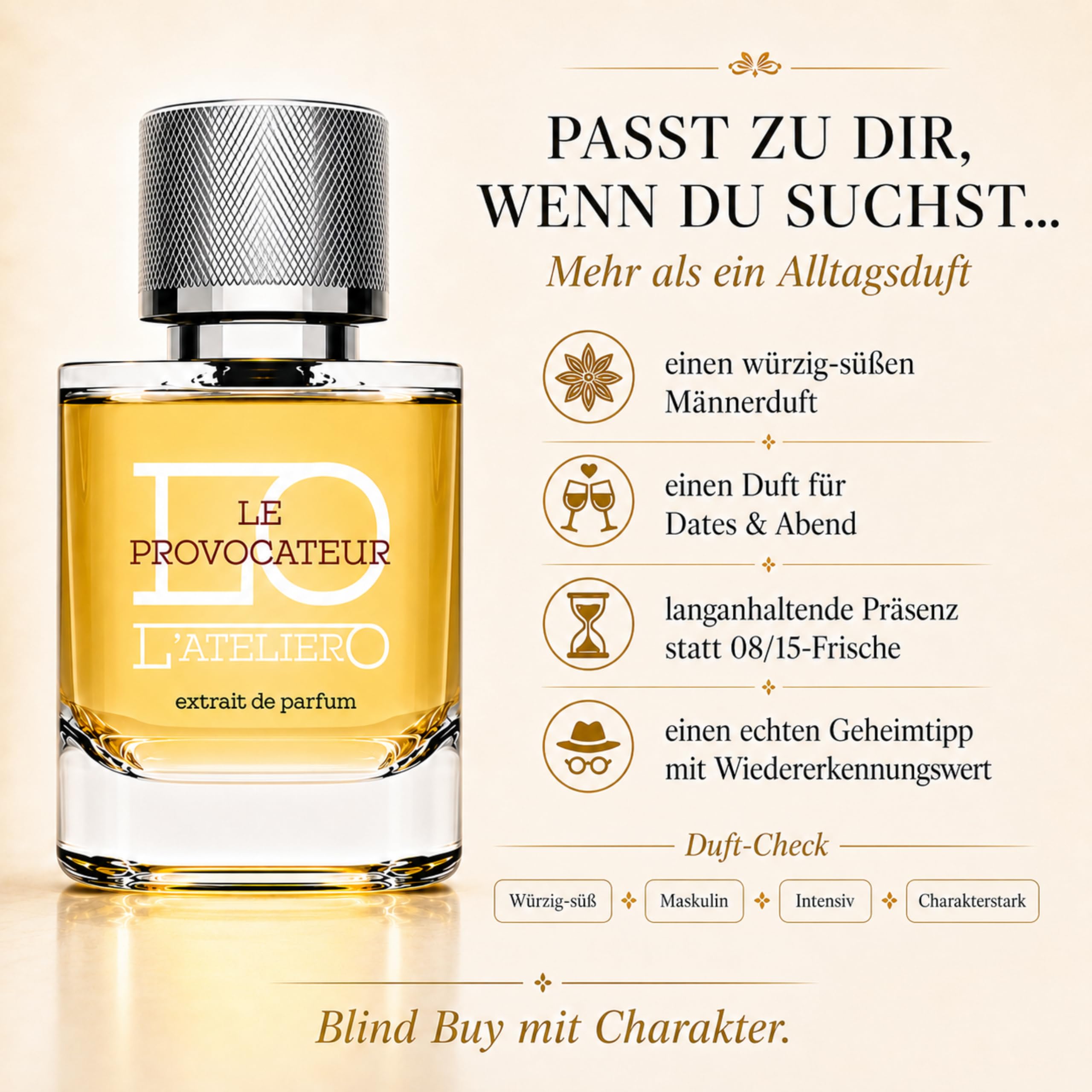 L'ATELIERO - LE PROVOCATEUR - Extrait de Parfum für Männer 50 ml | 25% Parfumöl mit Zimt, Leder und Amber, intensiv würzig süß, frisch und ganzjährig