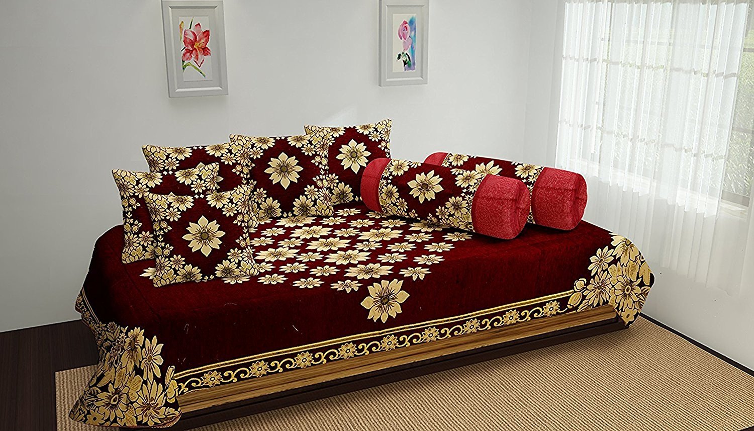 8 Piece 500 TC 100% Chhenille Diwan Set-Maroon-image-20