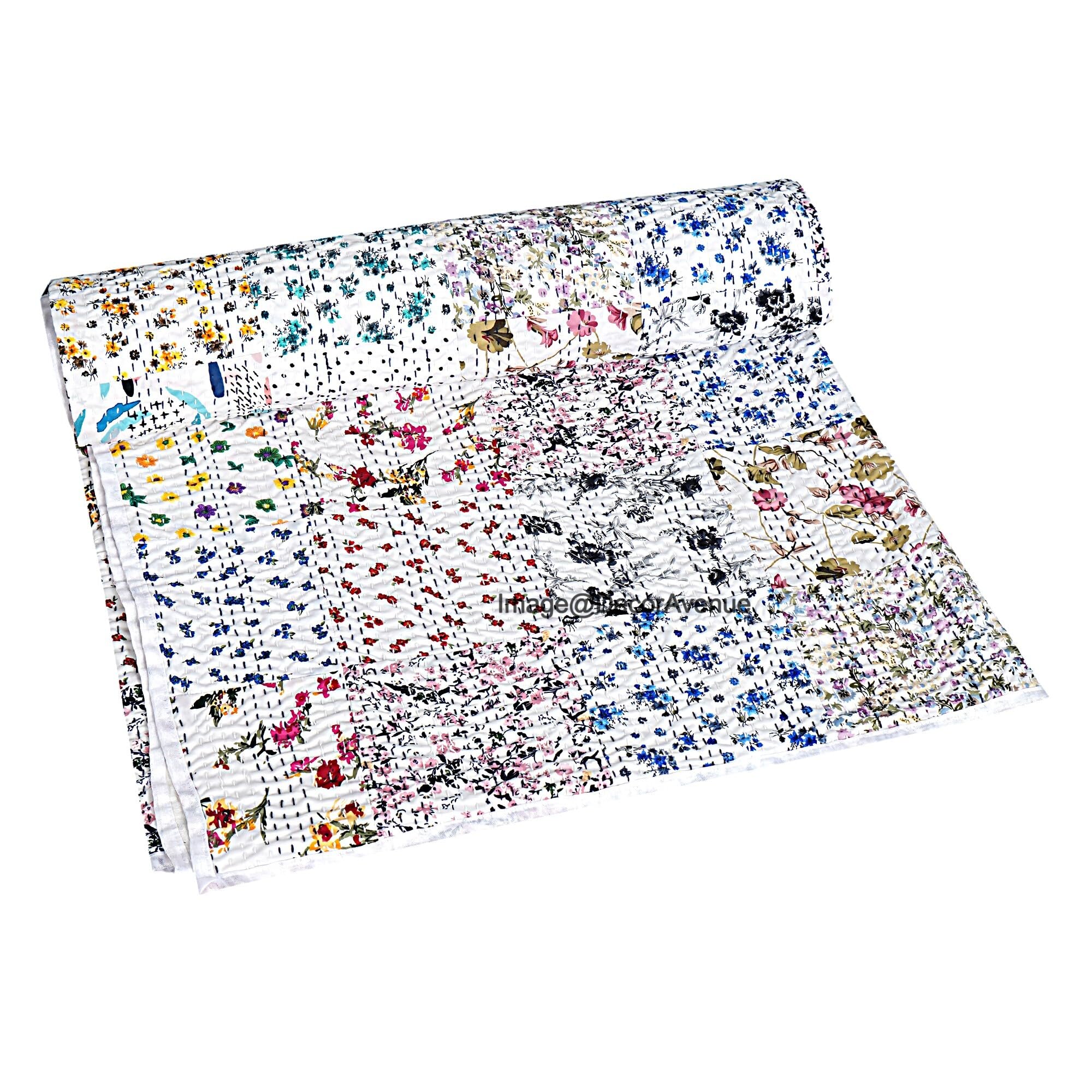 DecorAvenue Patchwork Kantha Quilt,Throw, Handmade Silk Bed Cover,Bedding Bedspread,Vintage Hand Stitch Gudri, Decorative Beach Blanket (Off White, Queen 90" x 108")