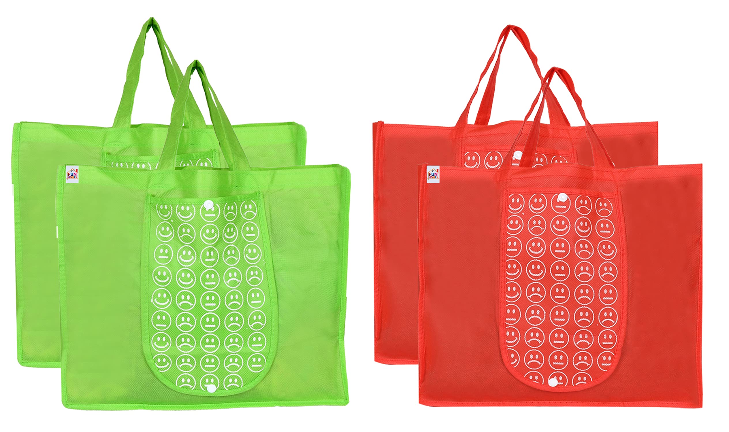 Fun HomesShopping Grocery Bags Foldable, Washable Grocery Tote Bag With One Small Pocket, Eco-Friendly Purse Bag Fits In Pocket Waterproof & Lightweight (Set Of 4,Green & Red)